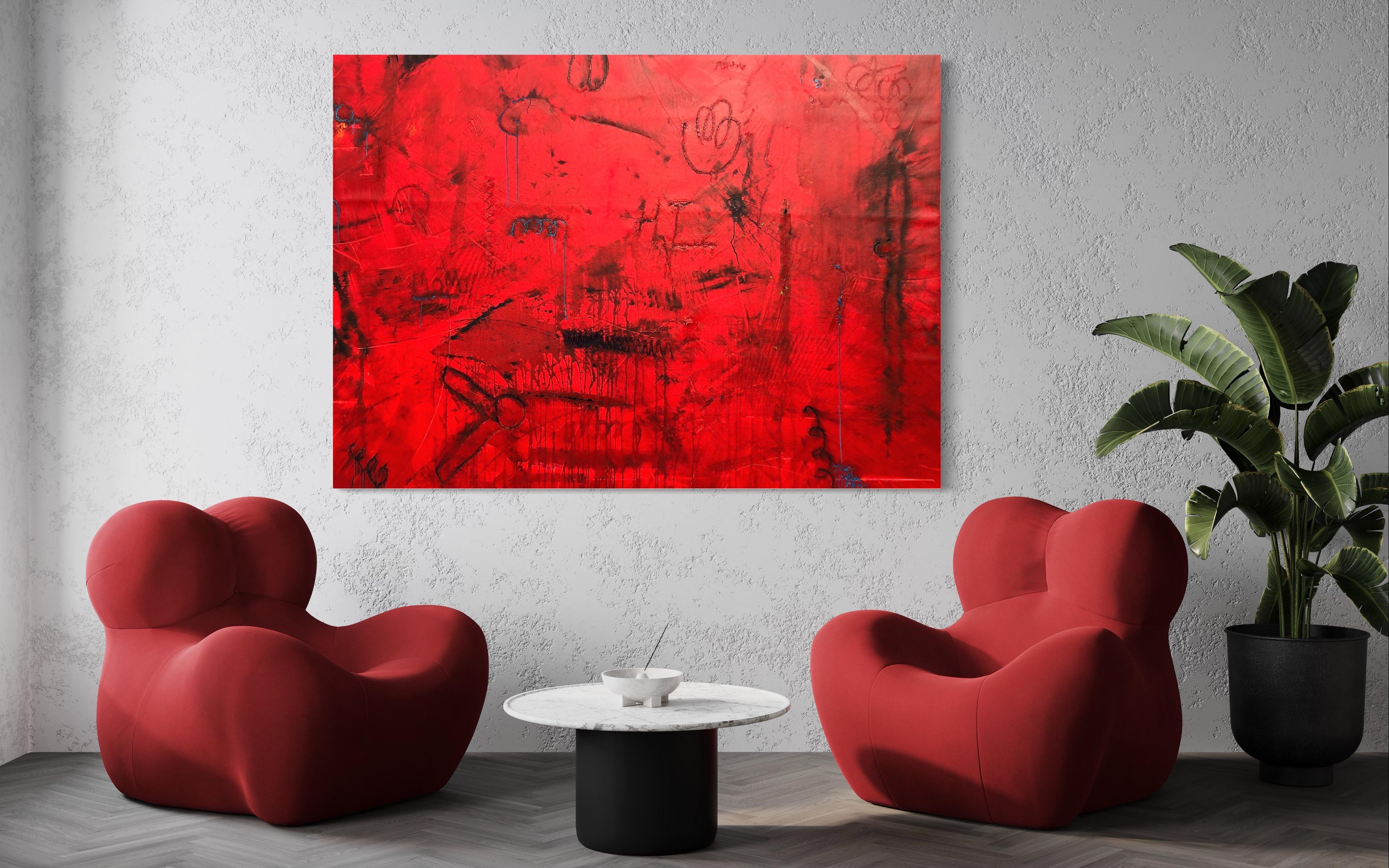 Peinture rouge contemporaine Primitive Power By Troy Smith - Expressionnisme abstrait Painting par Troy Smith Studio