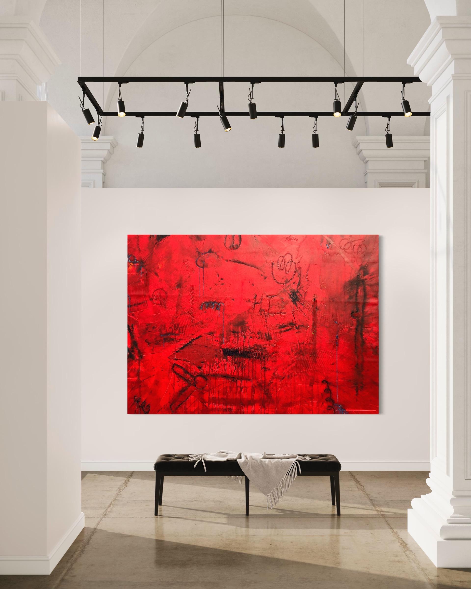 Peinture rouge contemporaine Primitive Power By Troy Smith - Rouge Abstract Painting par Troy Smith Studio