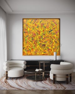 Electric Brainwave Abstract Painting, Acrylic on Canvas, 62x62 In, Gold Frame