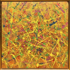 Electric Brainwave Abstract Painting, Acrylic on Canvas, 62x62 In, Gold Frame