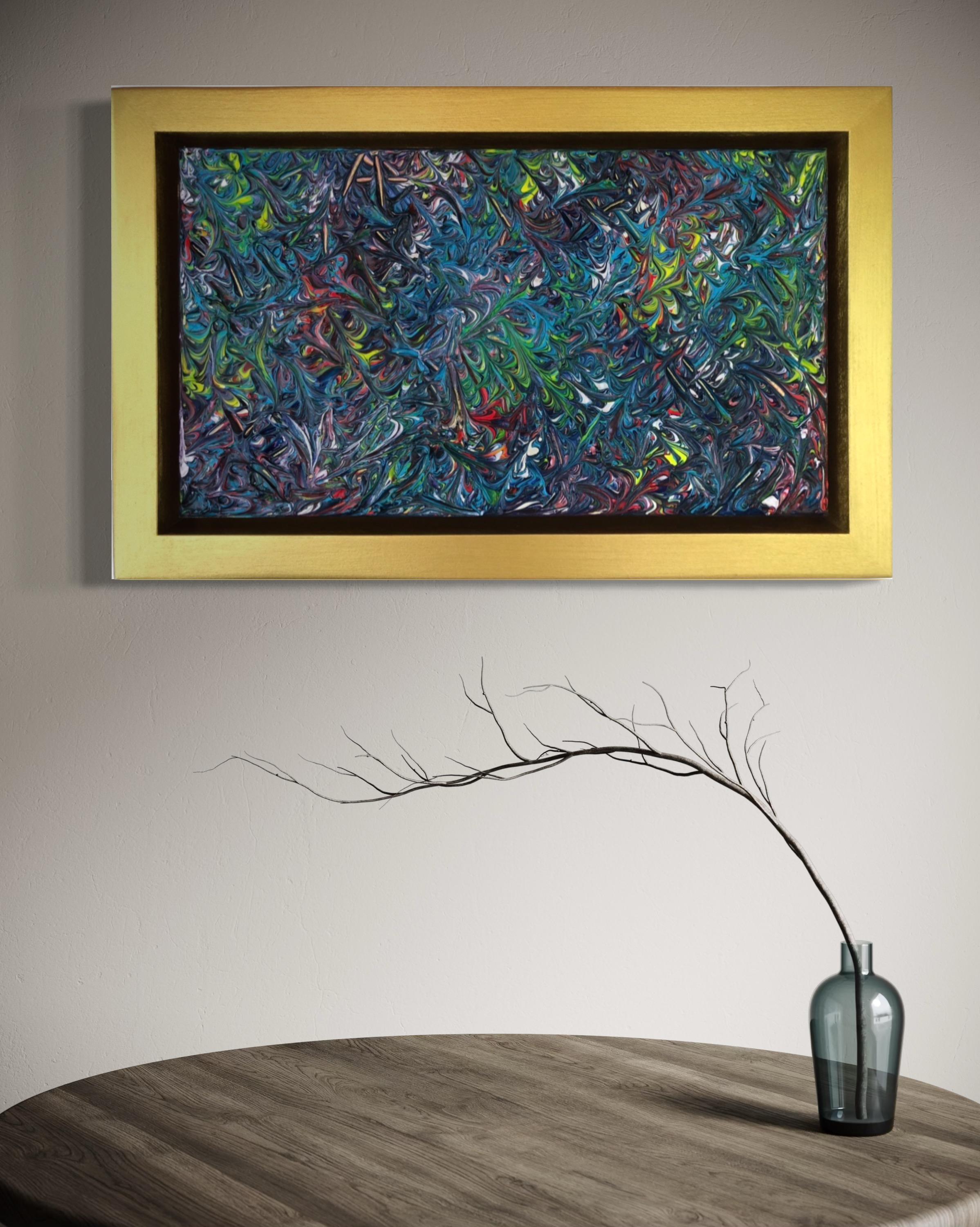 Pintura Verano Tropical Por Troy Smith Acrílico Sobre Panel De Abedul Marco Dorado Oro - Painting de Troy Smith Studio