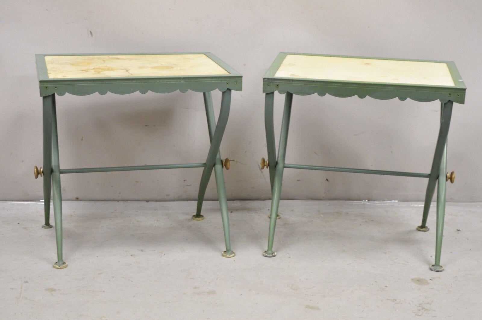 Vintage Troy Sunshade Hollywood Regency Green Curule X-Frame Aluminum Outdoor Pool Side Tables - Pair. Item features  Fiberglass tops, aluminum frames, original label, great style and form. Circa 1960s. Measurements: 20