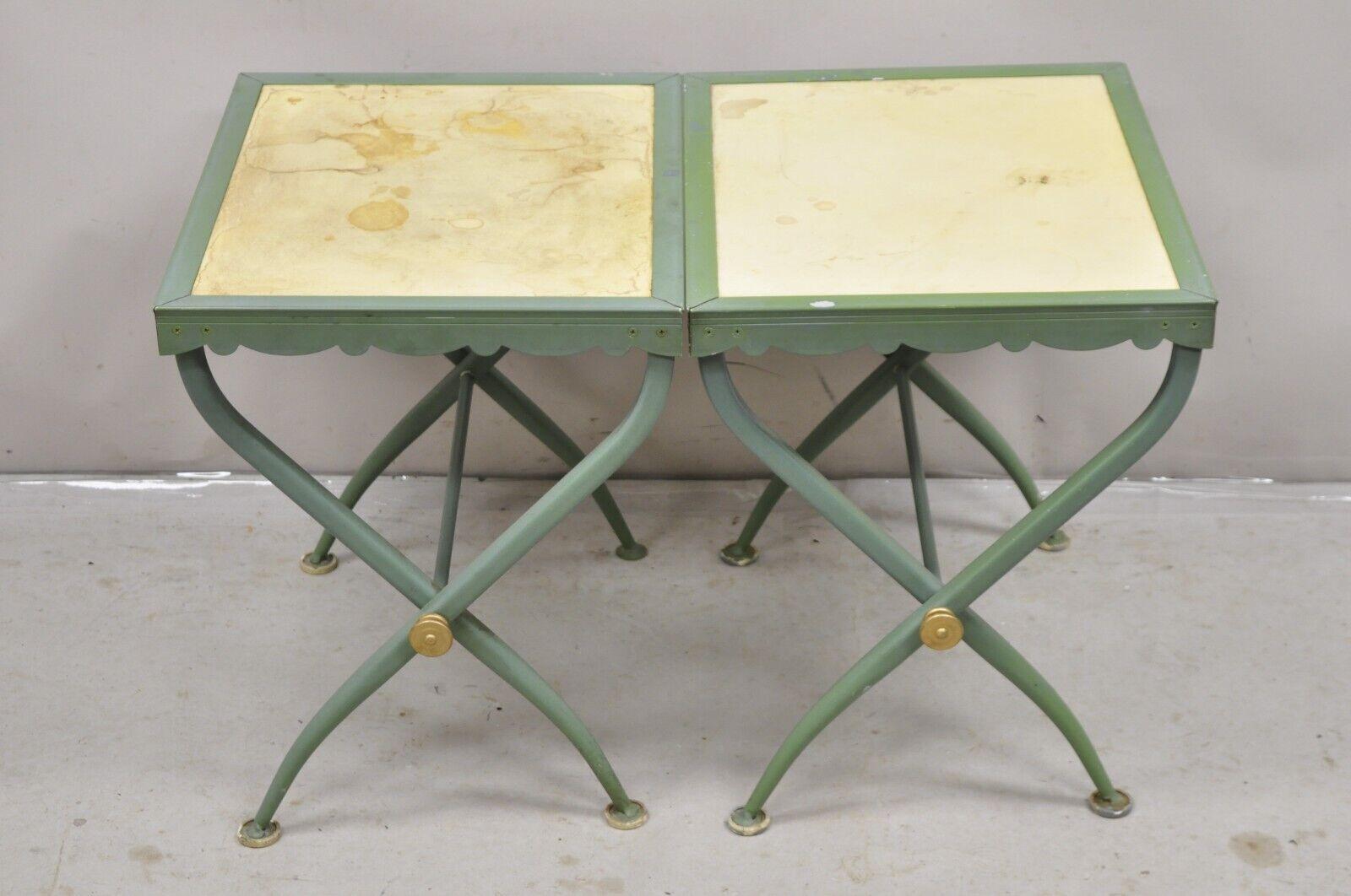 Troy Sunshade Hollywood Regency Curule X-Frame Aluminum Patio Side Tables - Pair In Good Condition For Sale In Philadelphia, PA