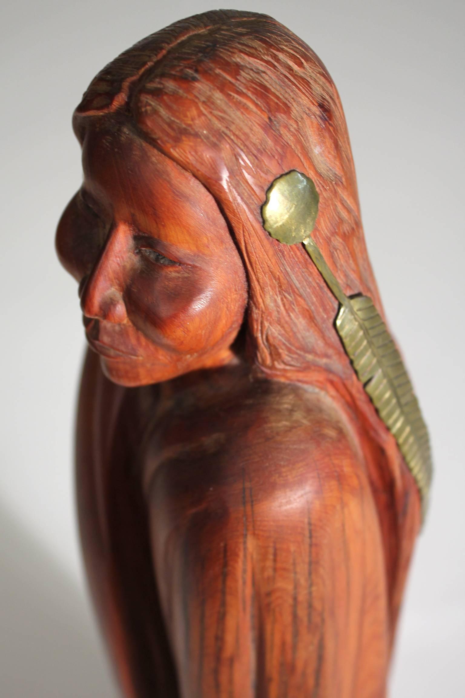 Troy Williams Carved Juniper Wood & Brass Sculpture of a Native American Woman In Excellent Condition For Sale In San Diego, CA