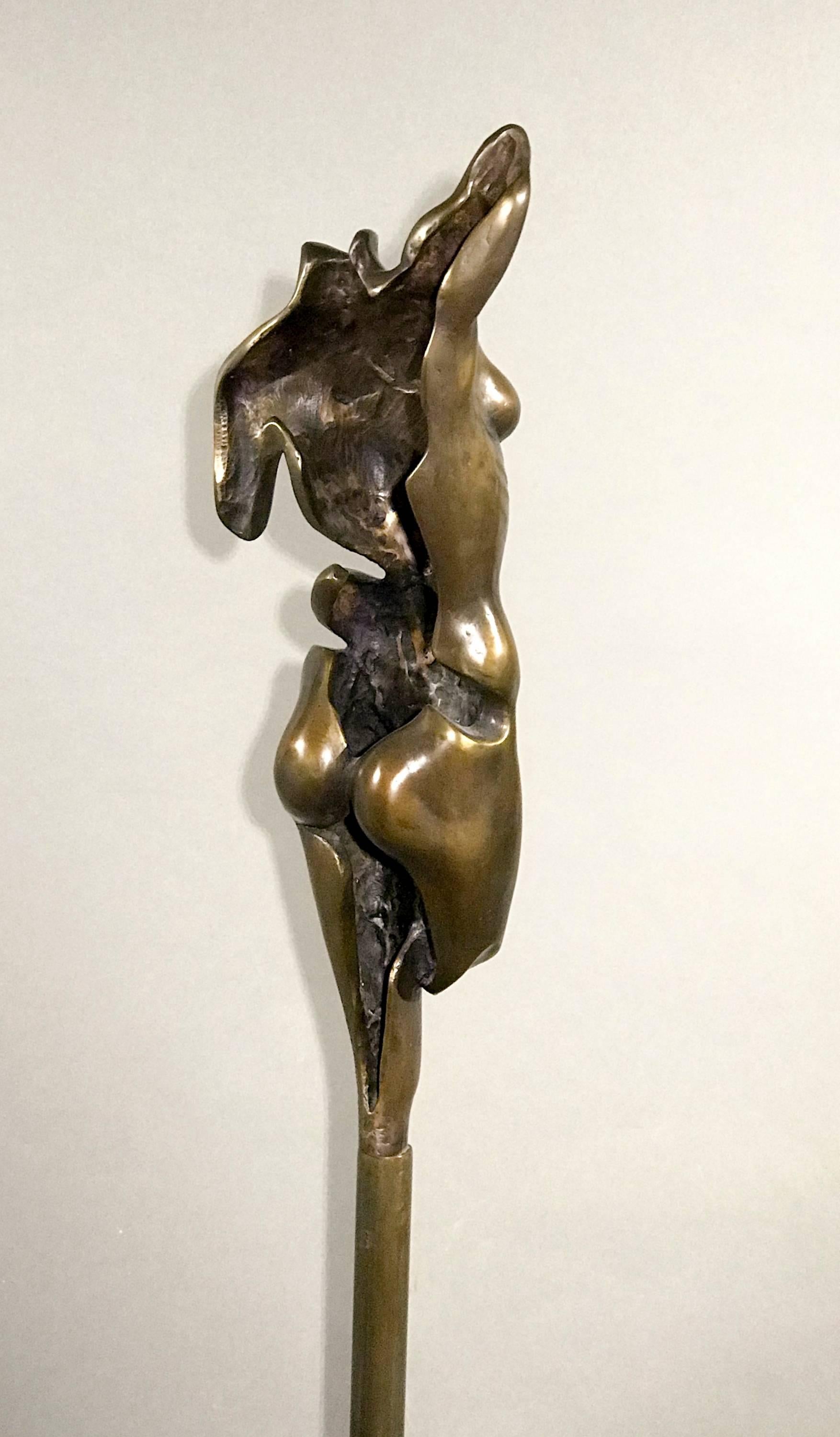 Athena, bronze female nude on column, brown patina - Gold Nude Sculpture by Troy Williams