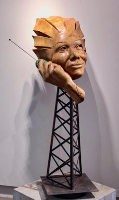 Disconnect, wood sculpture by Troy Williams, telephone, cell phone tower, steel