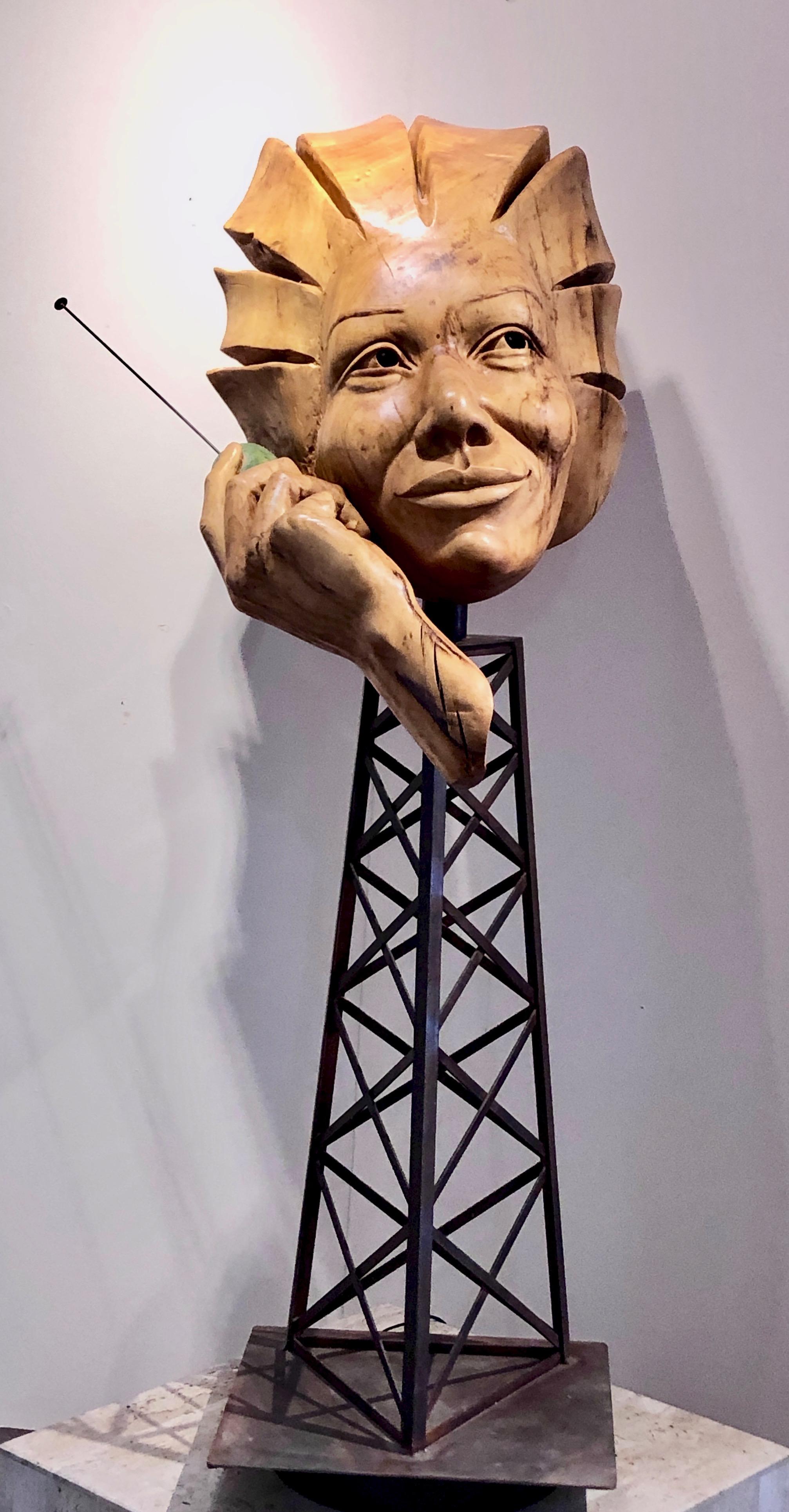 Disconnect, wood sculpture by Troy Williams, telephone, cell phone tower, steel