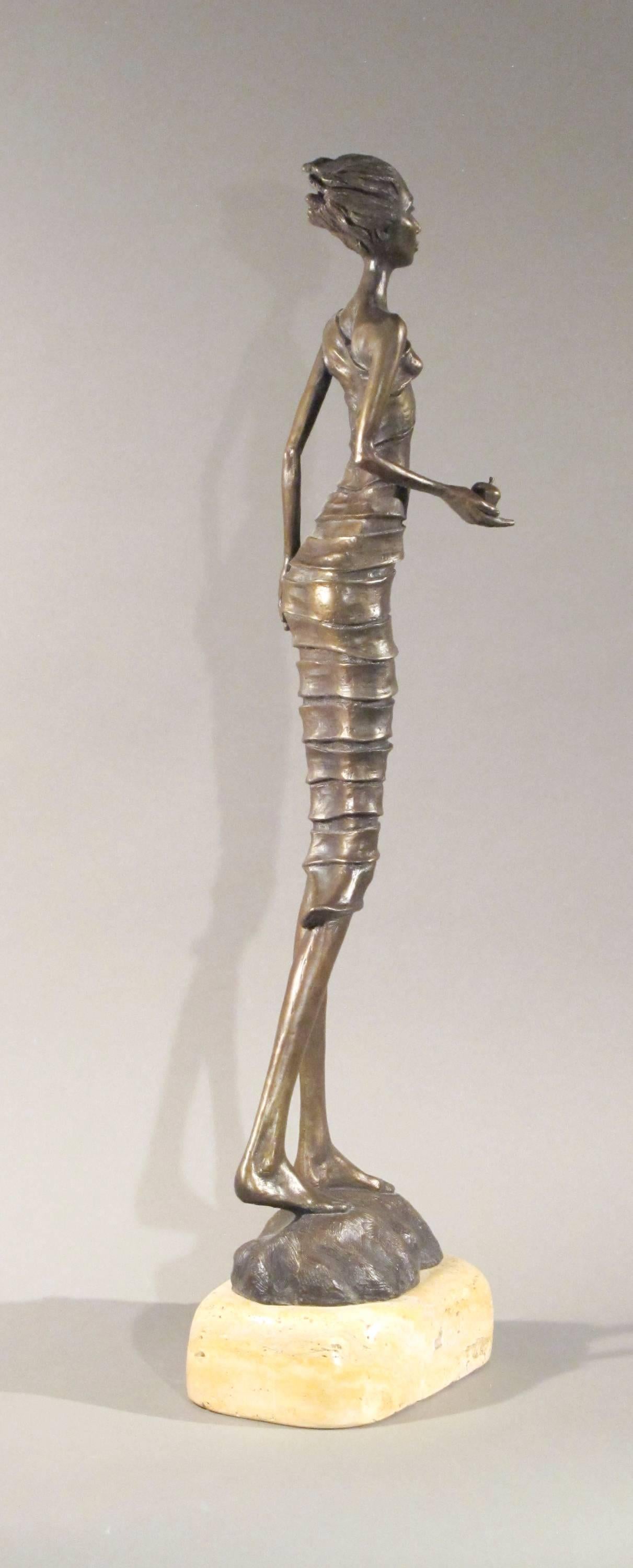 First Bite, female figure holding apple, garden of eden, bronze sculpture Williams - Contemporary Mixed Media Art by Troy Williams