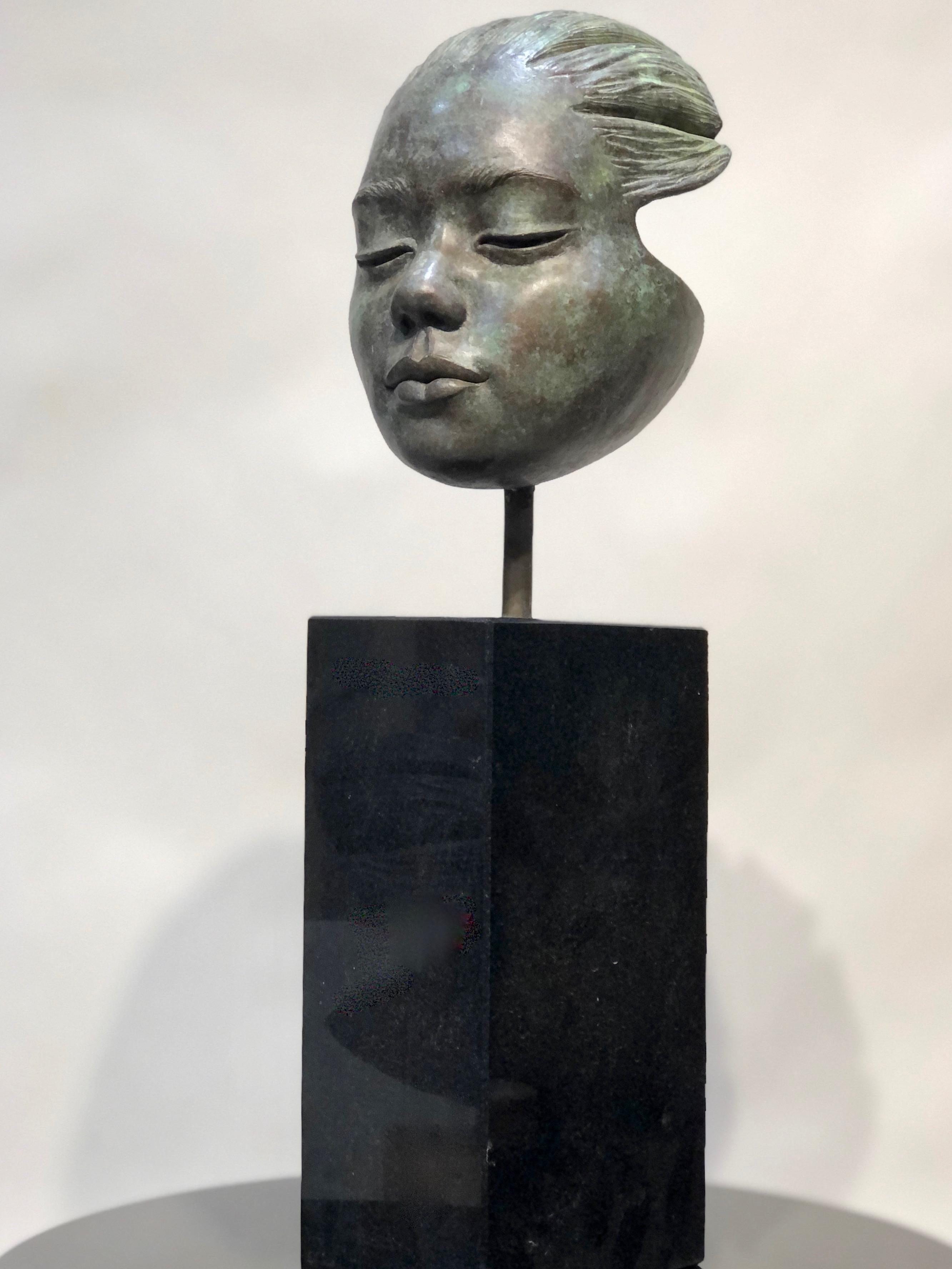 Listening, bronze sculpture, childs portrait, black granite base, green patina - Sculpture by Troy Williams