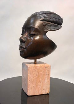 Listening, bronze sculpture, portrait of child, travertine base, contemporary