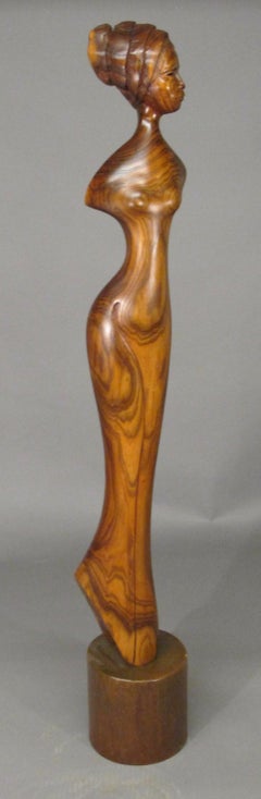 Welcome, nut wood sculpture steel base female nude brown, Troy Williams