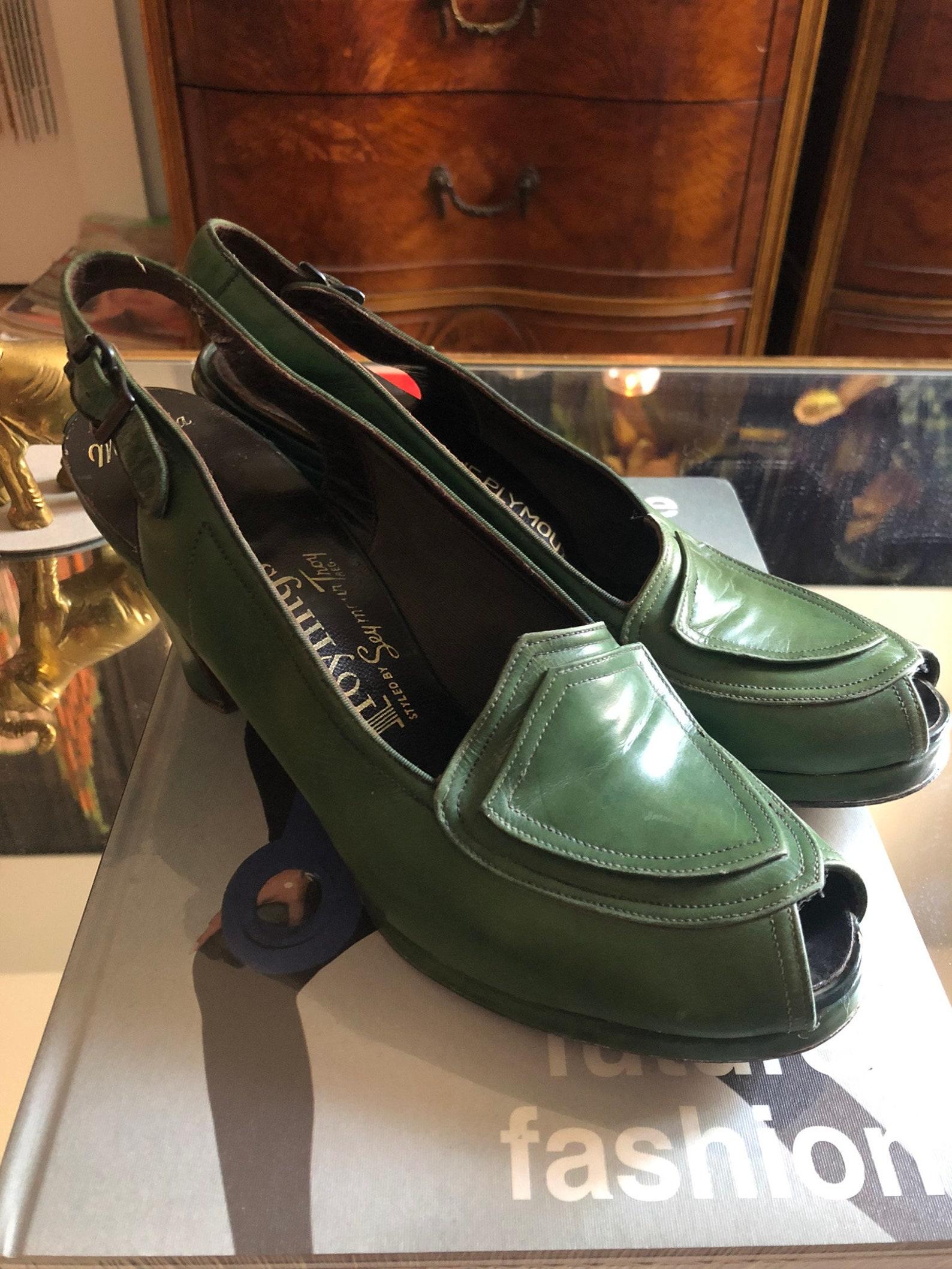 Troylings Grüne Leder-Pumps mit Peep Toe, ca. 1940er Jahre Damen im Angebot