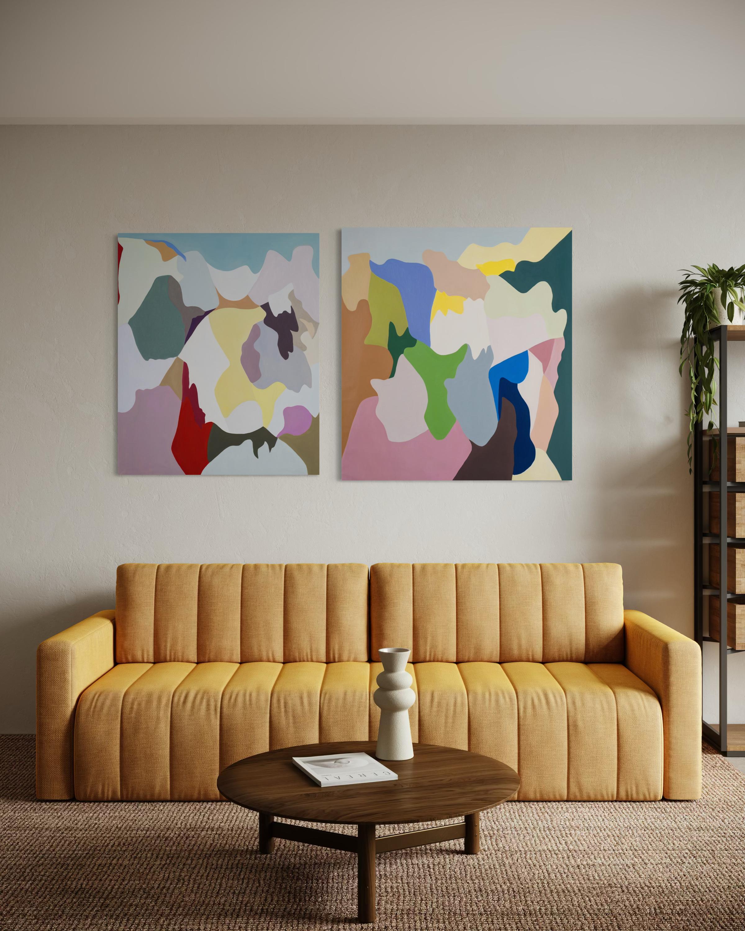 Les espaces intérieurs. Verdes y Rosas - Beige Abstract Painting par Trucco Florencia