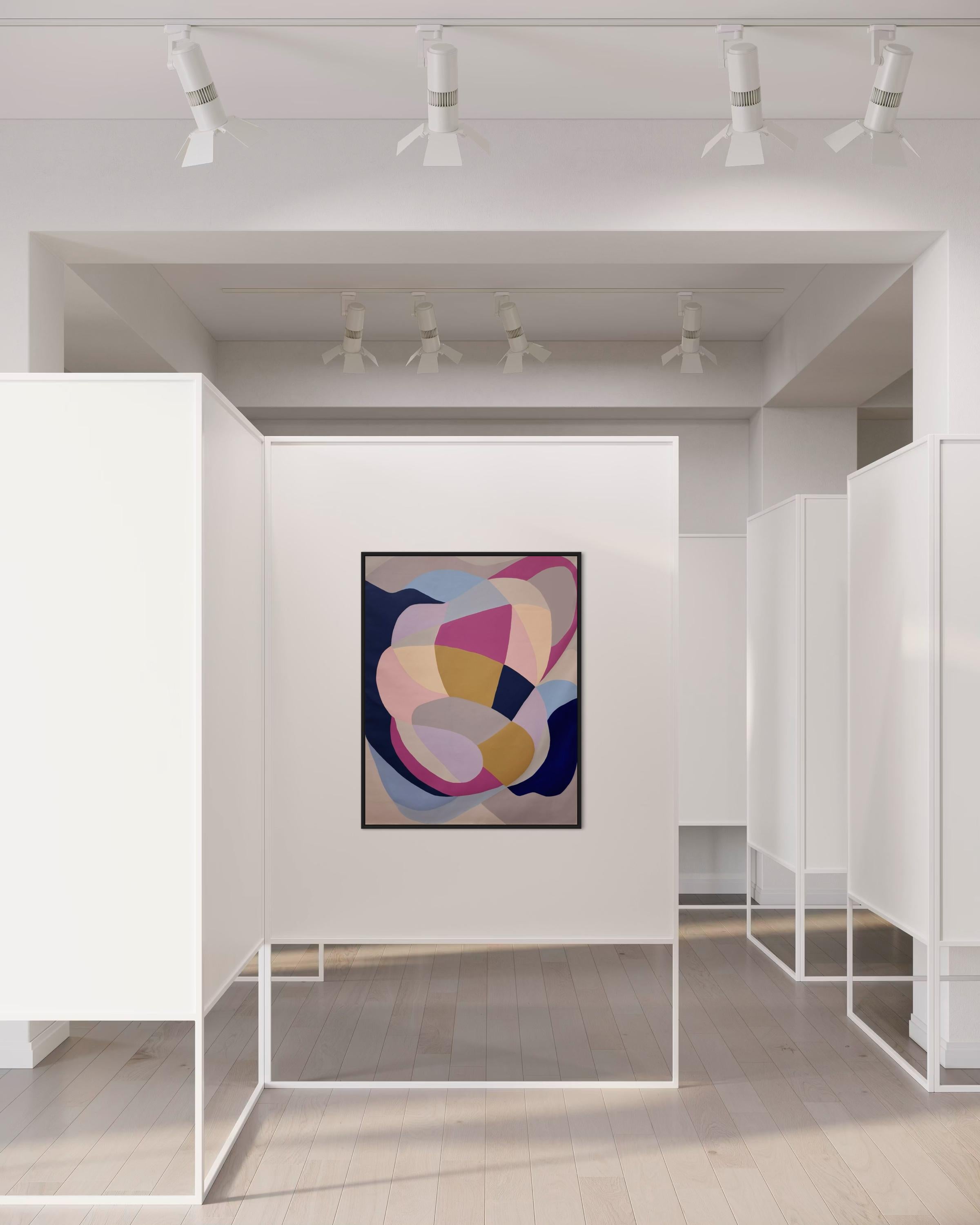 Dieses lebendige und fesselnde Stück zeigt ein dynamisches Zusammenspiel von Farben und Formen. Die Komposition besteht aus einer Reihe sich überlappender Formen in Rosa-, Lila-, Blau-, Gelb- und Beigetönen, die ein harmonisches und visuell