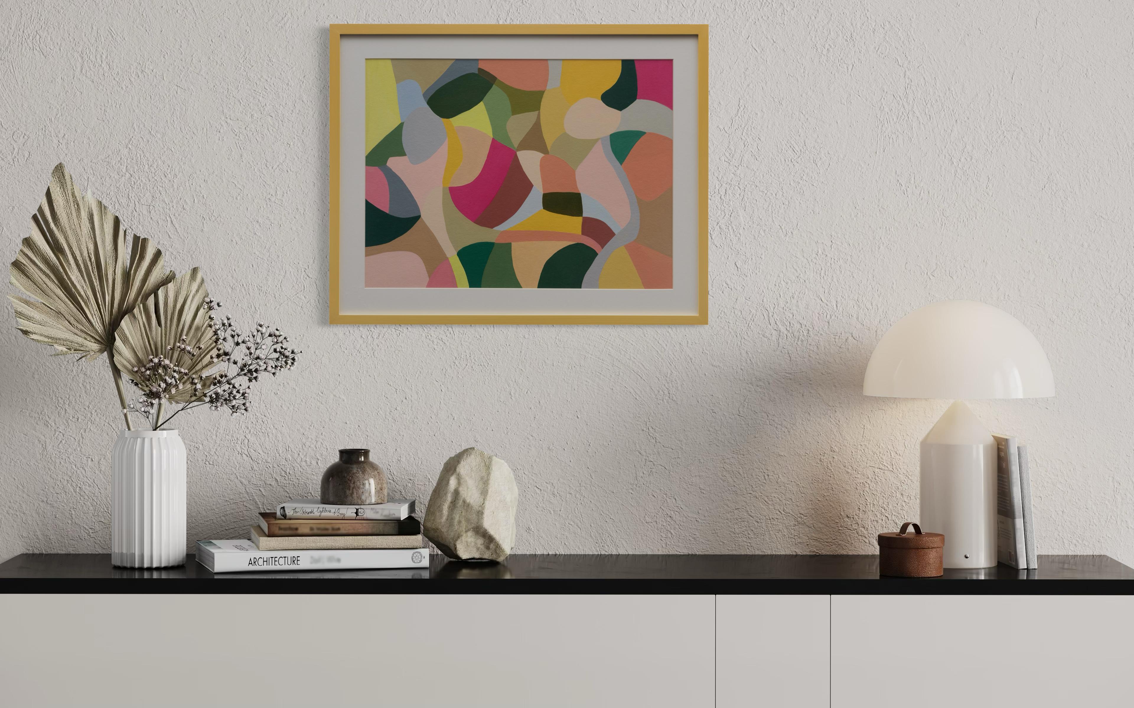 ST. 2022. Colorful artwork. Yellow frame. - Brown Abstract Painting by Trucco Florencia