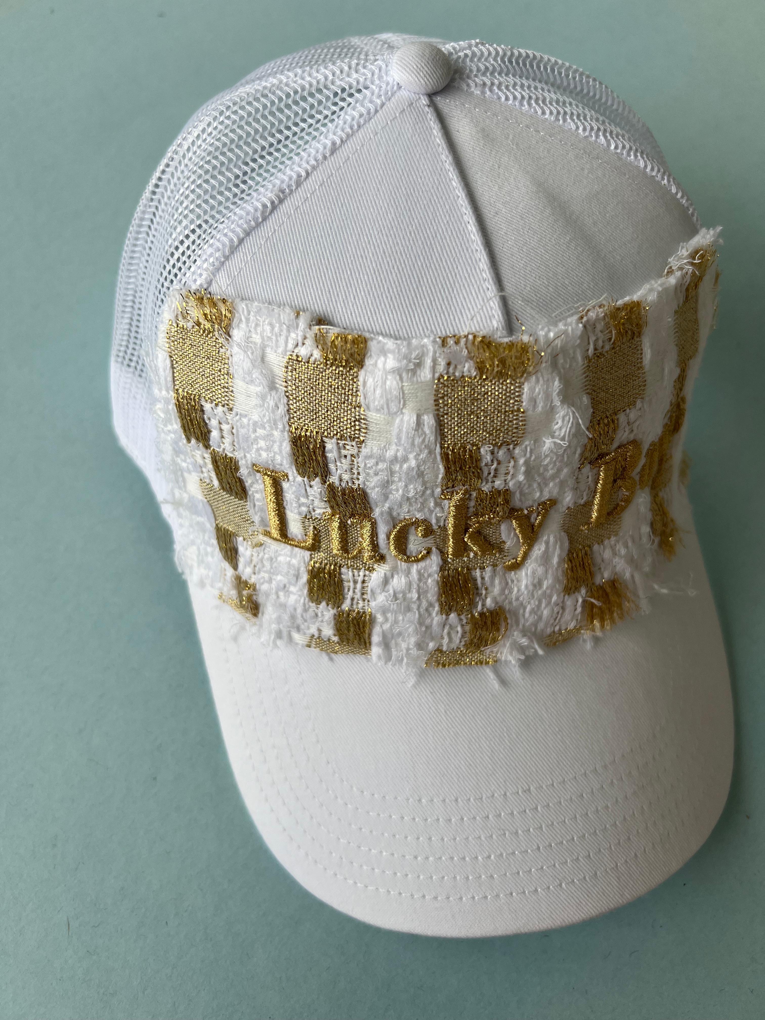 Trucker Hat Cotton French White Tweed Gold Text Lucky Boy J Dauphin 6