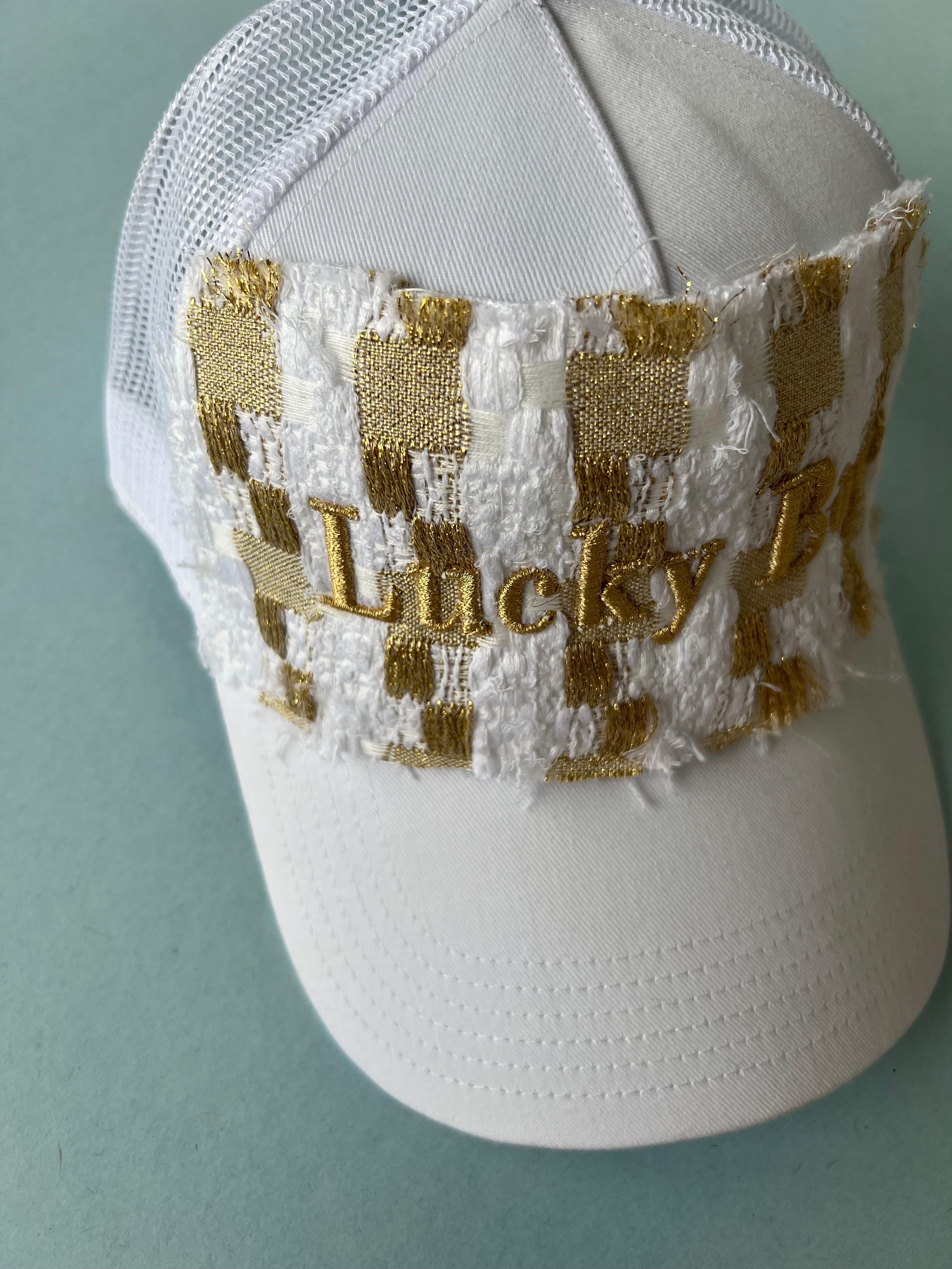 Trucker Hat Cotton French White Tweed Gold Text Lucky Boy J Dauphin 7