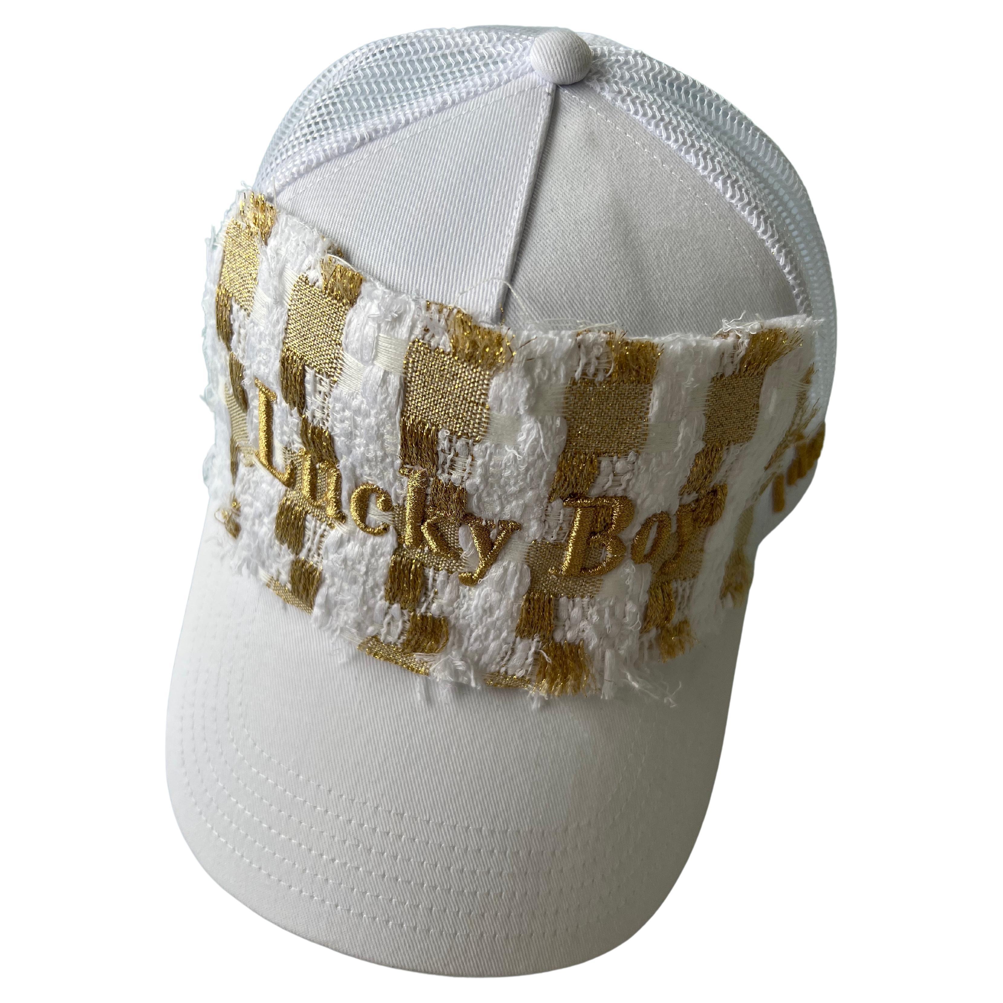 Trucker Hat Cotton French White Tweed Gold Text Lucky Boy J Dauphin In New Condition In Los Angeles, CA