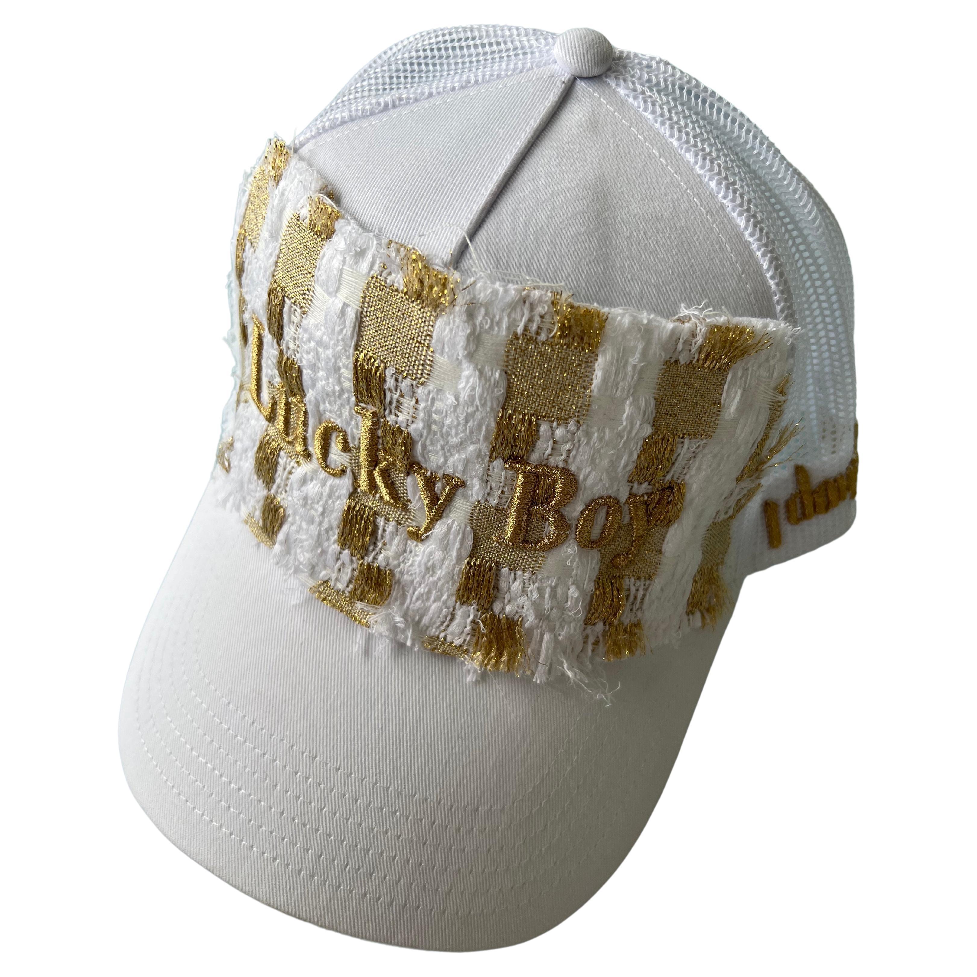 Women's or Men's Trucker Hat Cotton French White Tweed Gold Text Lucky Boy J Dauphin