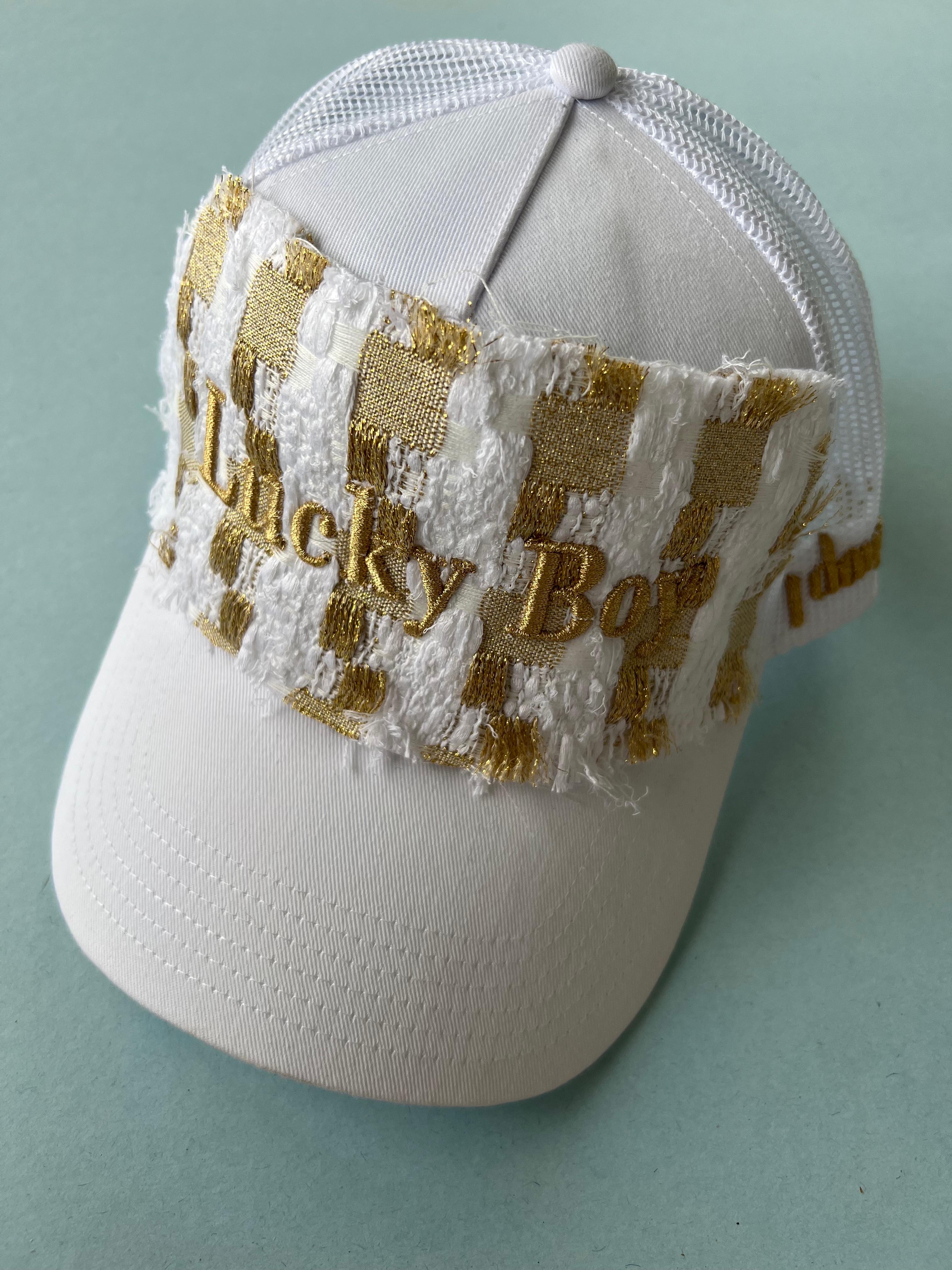 Trucker Hat Cotton French White Tweed Gold Text Lucky Boy J Dauphin 1