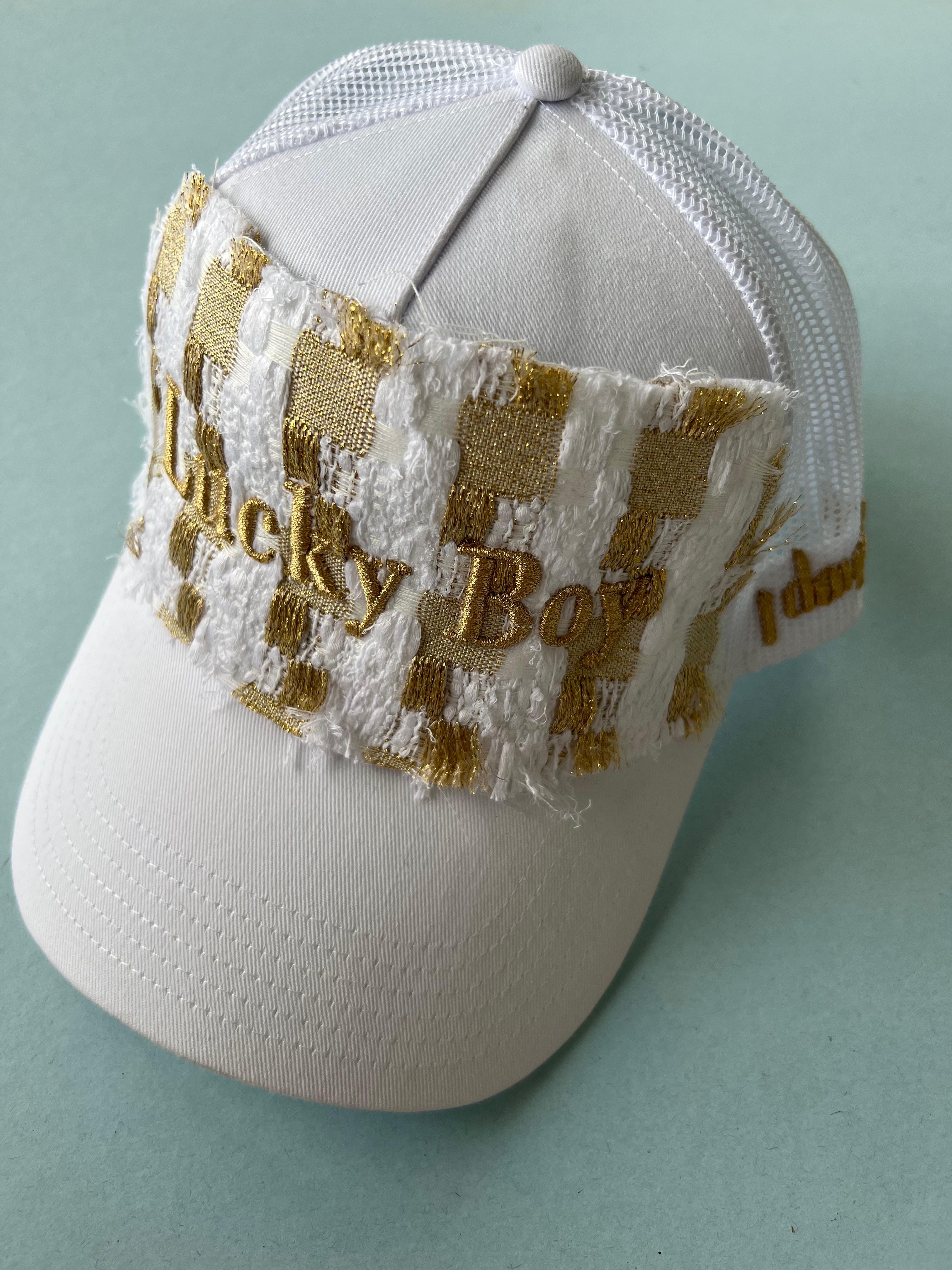 Trucker Hat Cotton French White Tweed Gold Text Lucky Boy J Dauphin 2