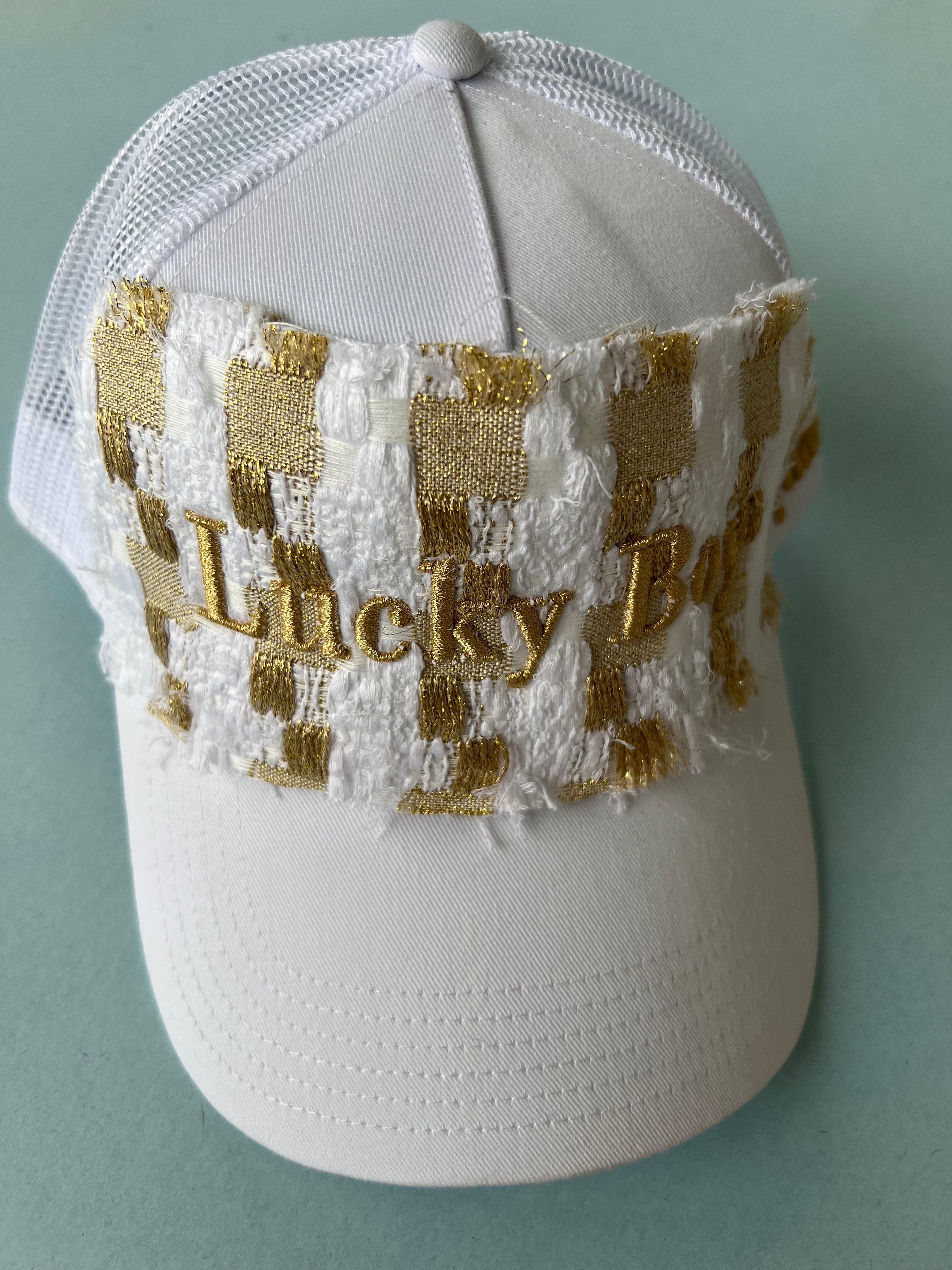 Trucker Hat Cotton French White Tweed Gold Text Lucky Boy J Dauphin 3