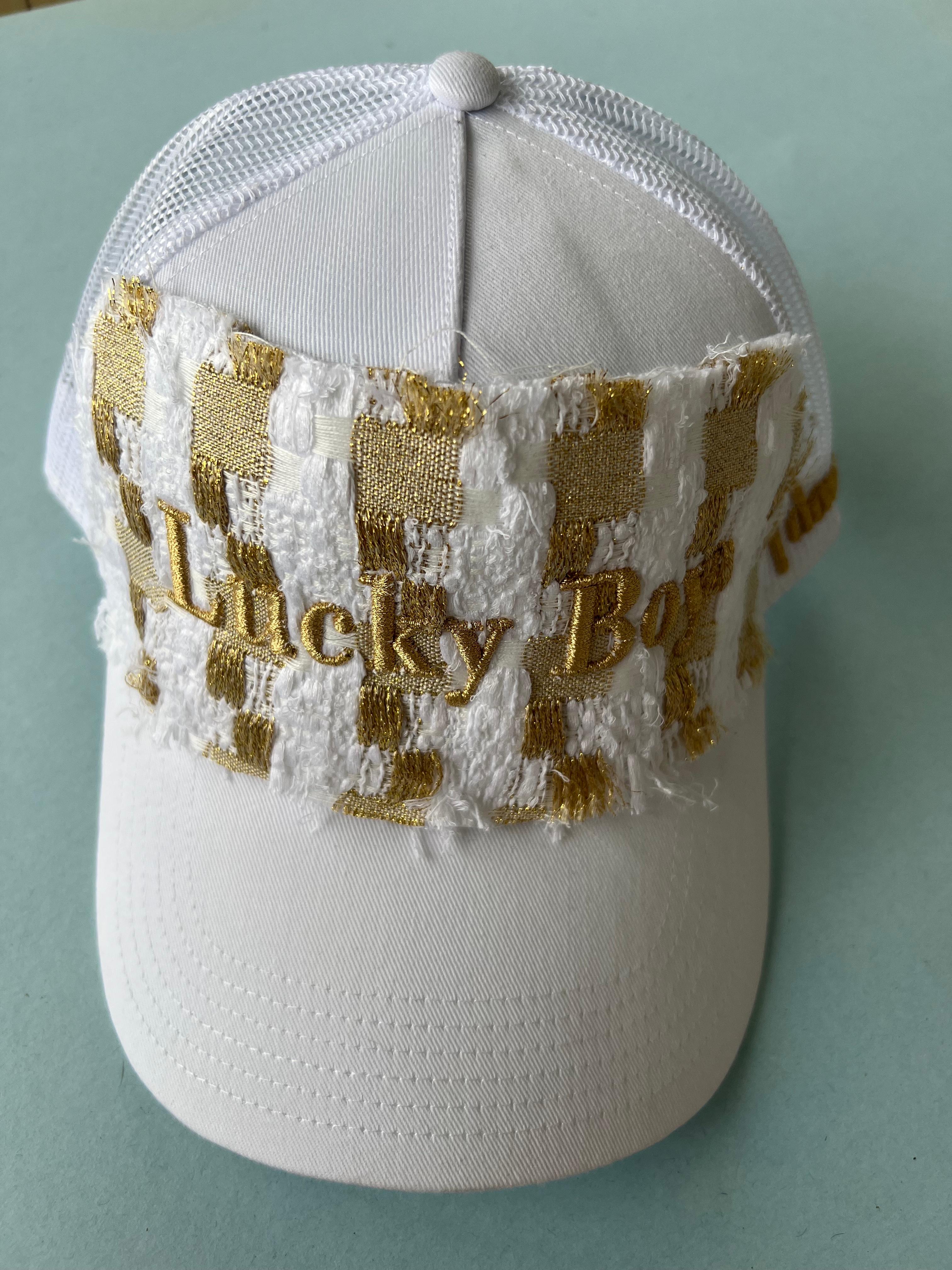 Trucker Hat Cotton French White Tweed Gold Text Lucky Boy J Dauphin 4