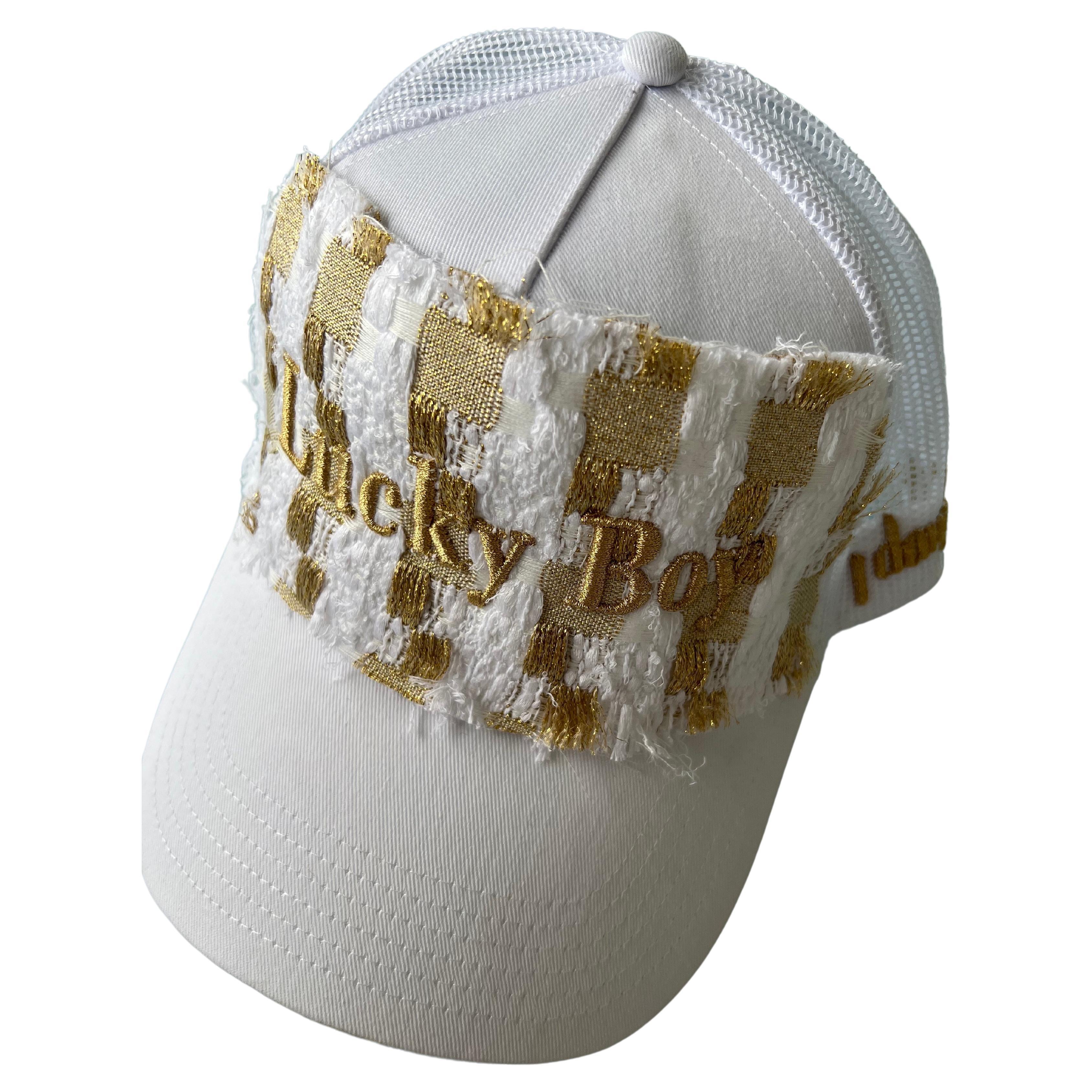Trucker Hat Cotton French White Tweed Gold Text Lucky Boy J Dauphin