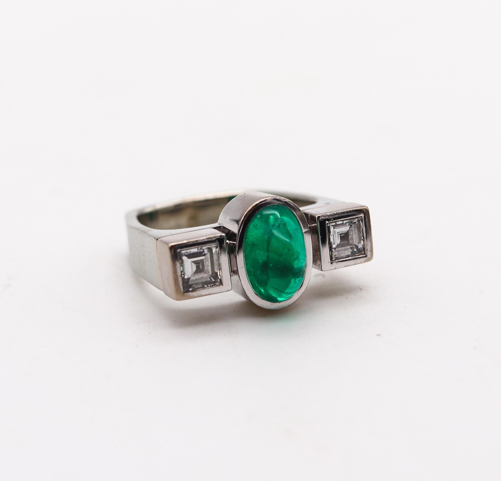Modernist Trudel By Kurt Aepli Geometric Ring 18Kt Gold With 3.02 Ctw Emerald And Diamonds For Sale
