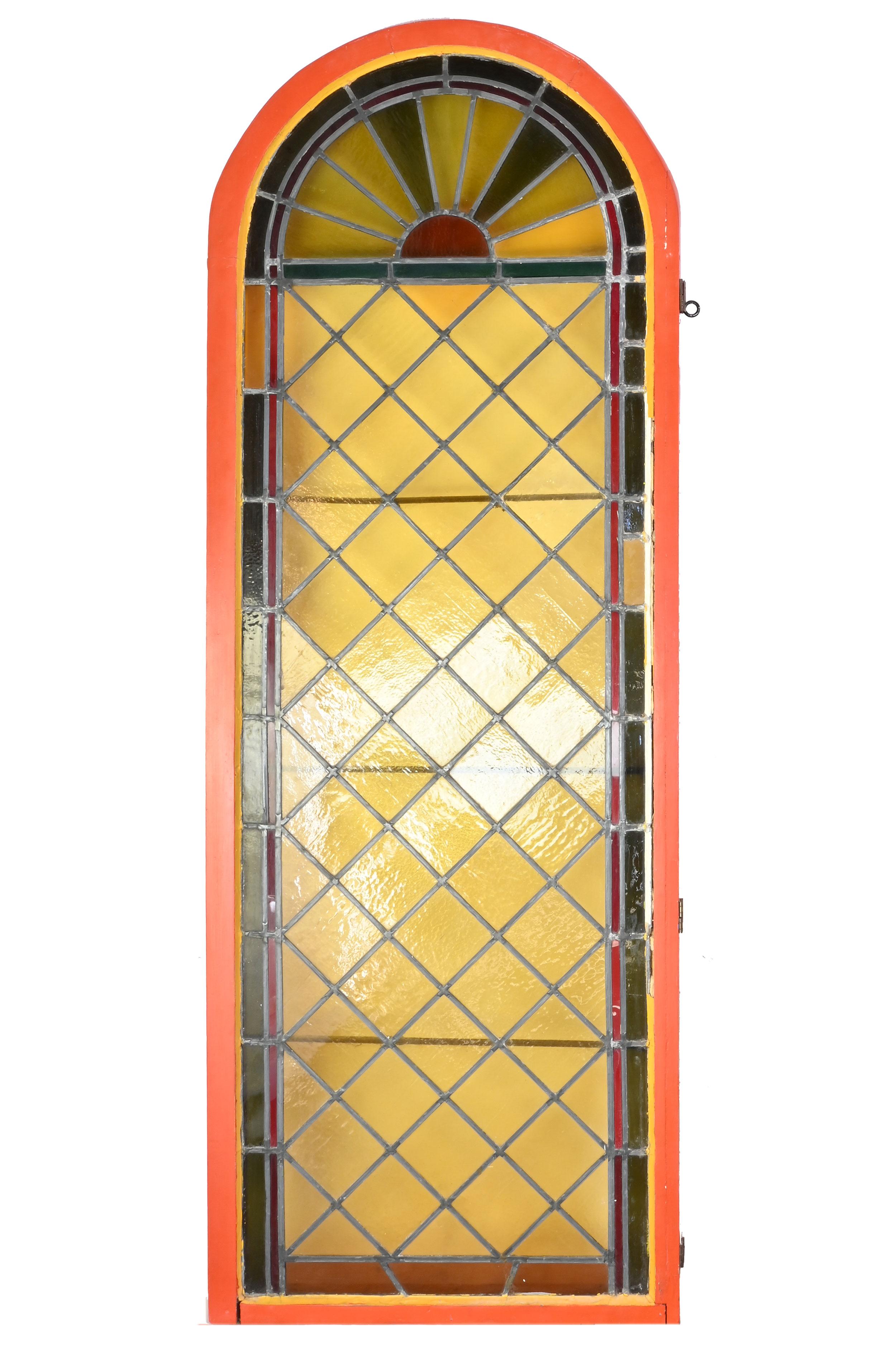 Victorian True Arch Topped Stained Glass Window with Sunburst For Sale