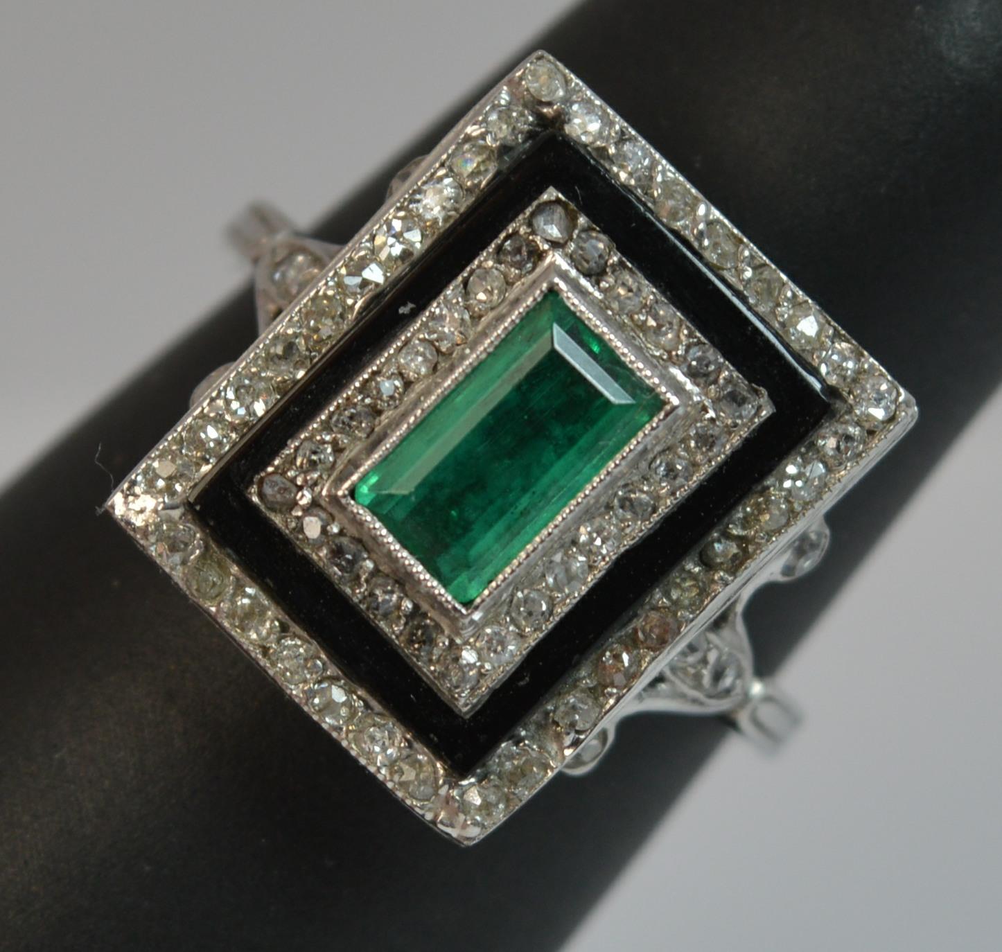 True Art Deco Platinum Emerald Diamond and Onyx Panel Ring 6
