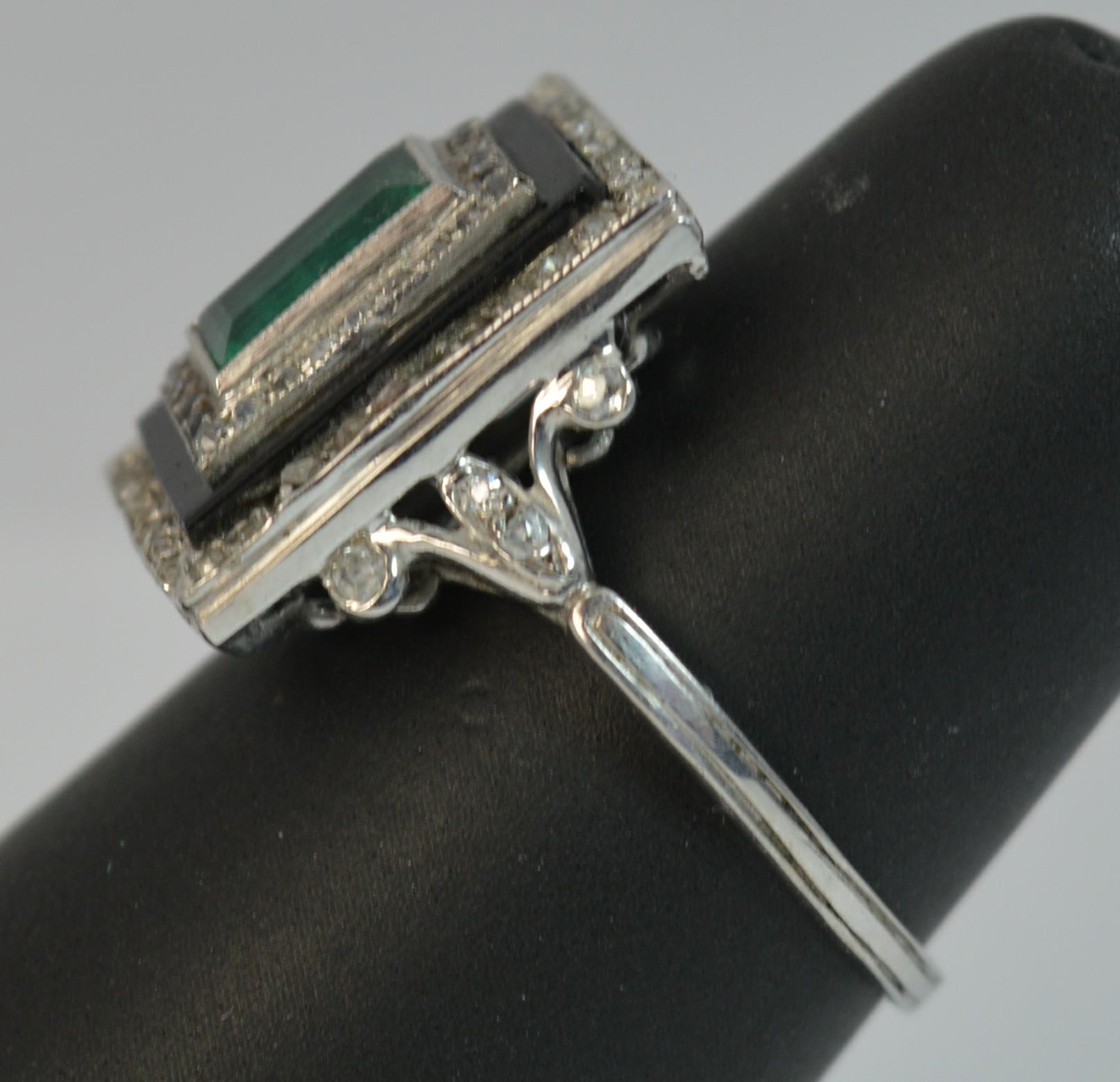 True Art Deco Platinum Emerald Diamond and Onyx Panel Ring 7