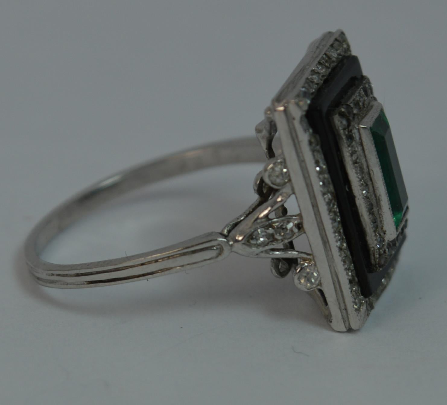 True Art Deco Platinum Emerald Diamond and Onyx Panel Ring 2