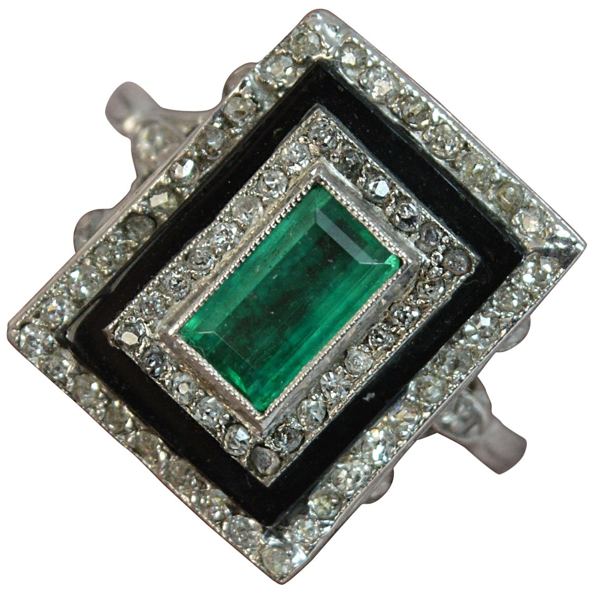 True Art Deco Platinum Emerald Diamond and Onyx Panel Ring