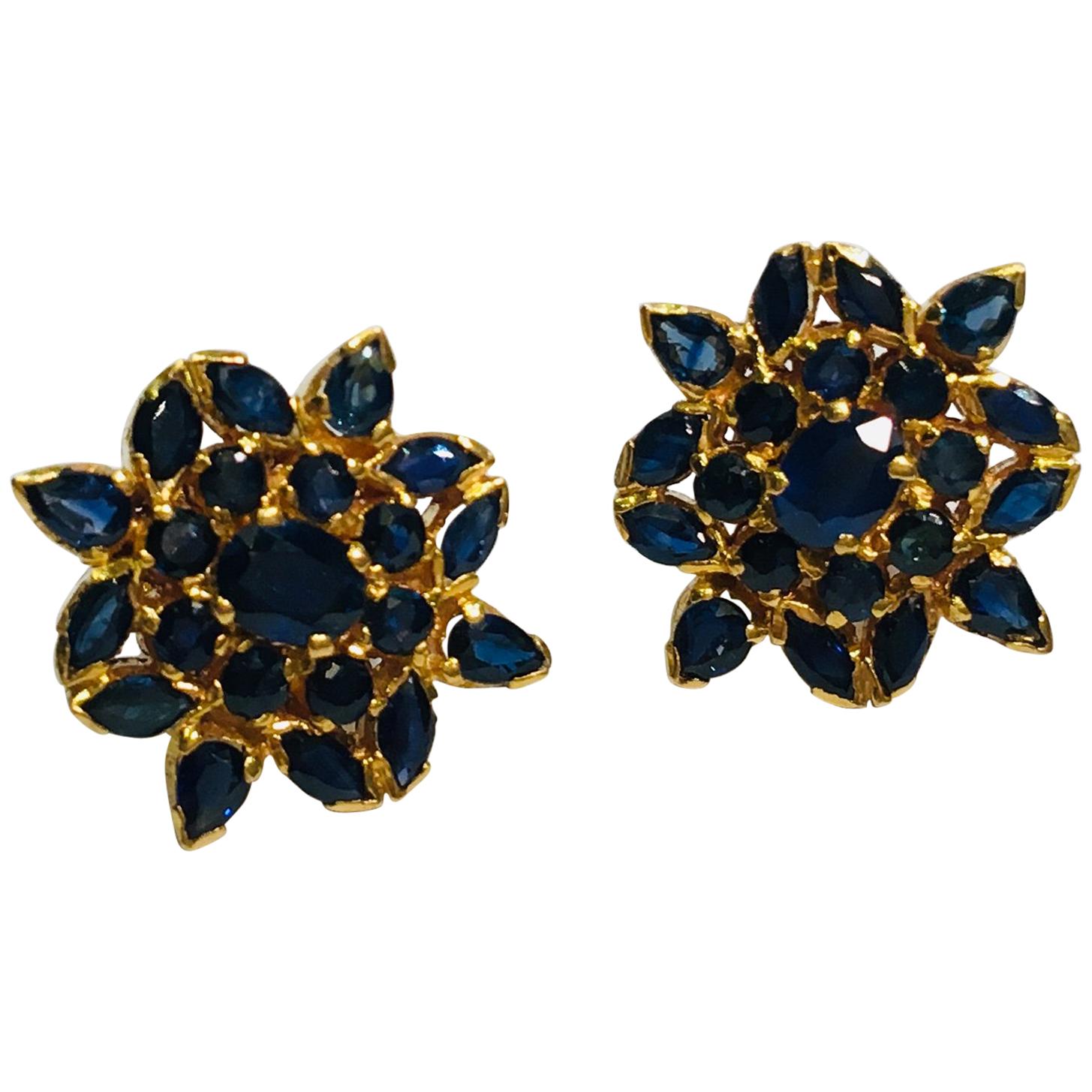 True Blue Sapphire Snowflake or Flower Style 22 Karat Yellow Gold Earrings For Sale