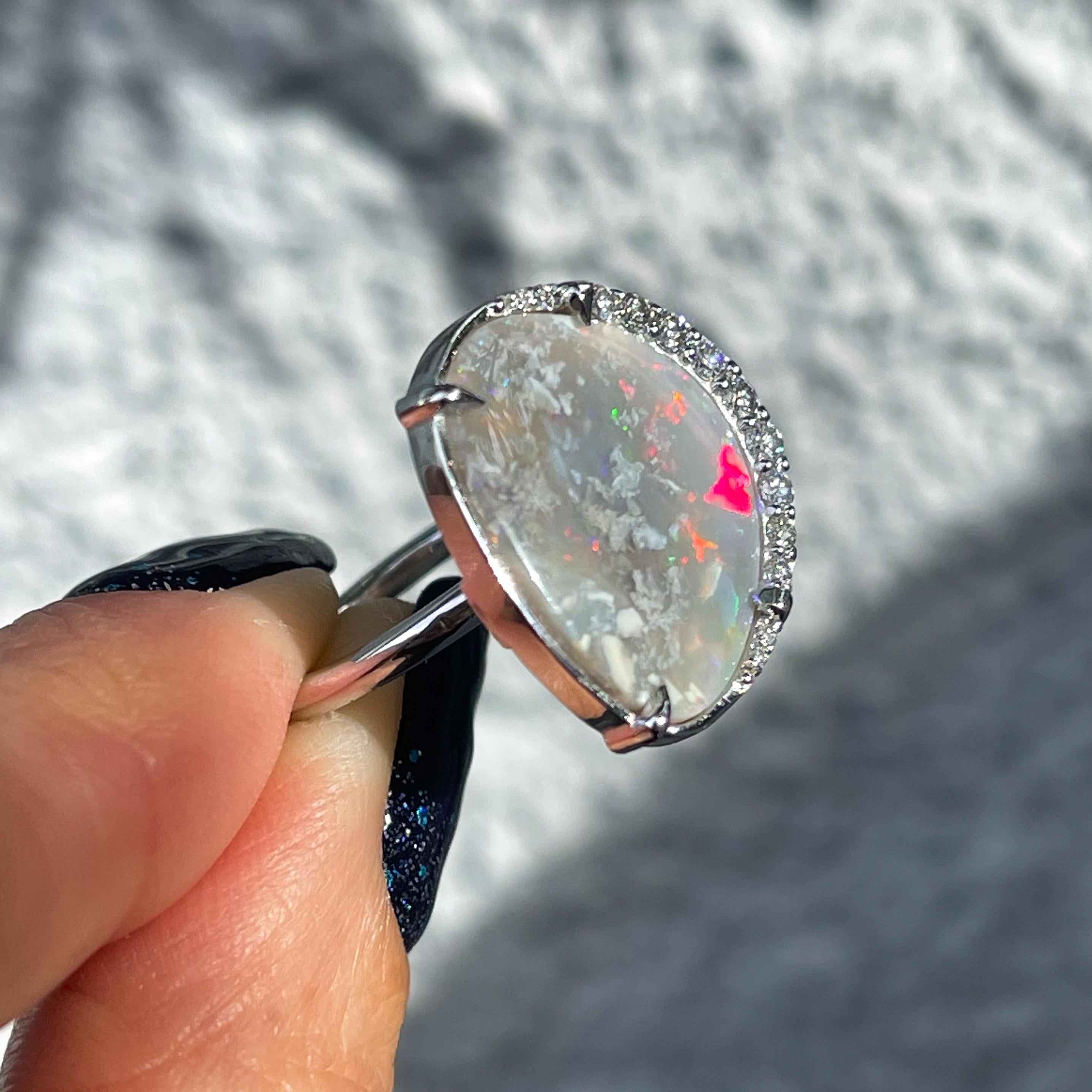 Brilliant Cut True Colors Australian Opal Ring with Diamonds in White Gold by NIXIN Jewelry For Sale