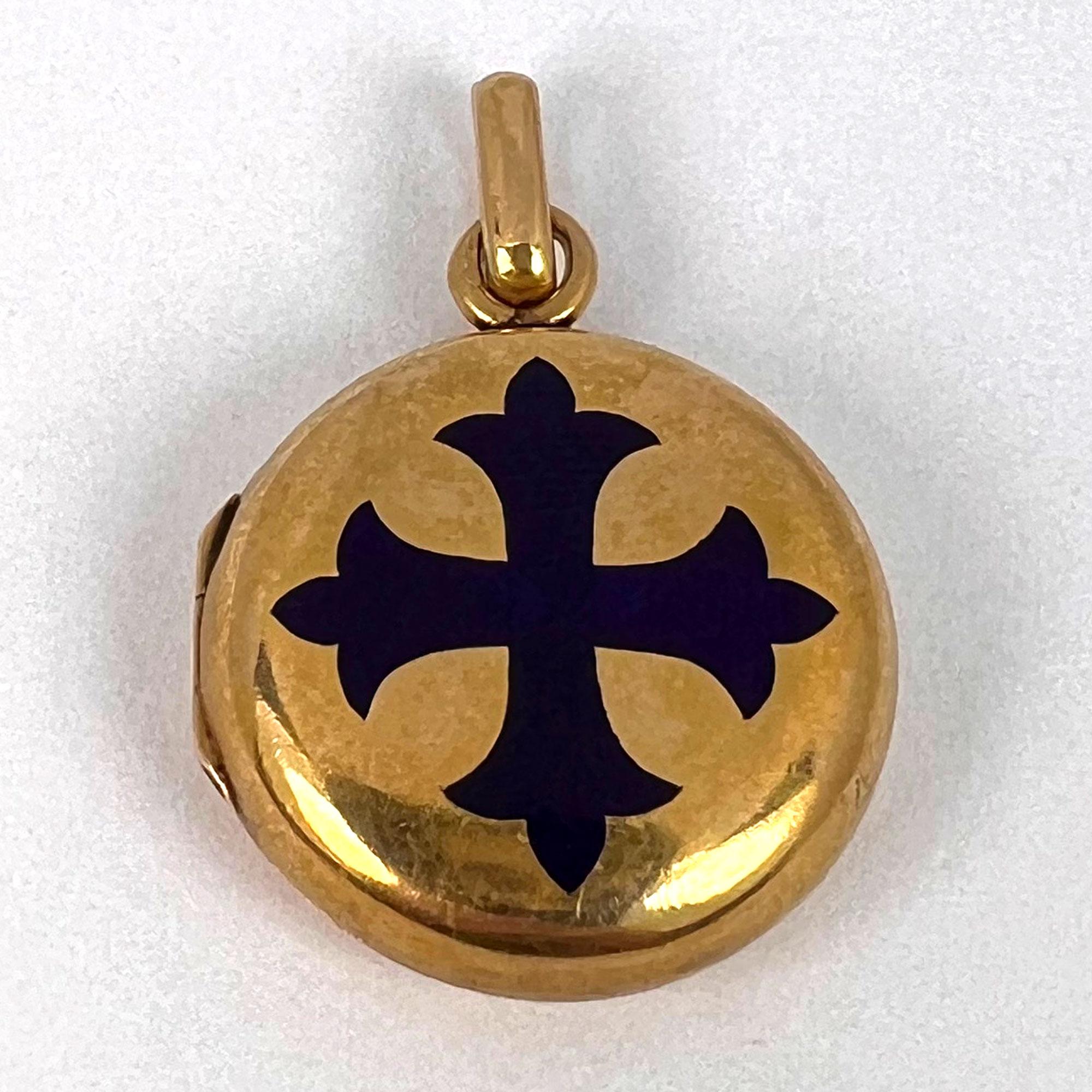 True Cross Reliquary 18k Yellow Gold Enamel Locket Pendant For Sale 11