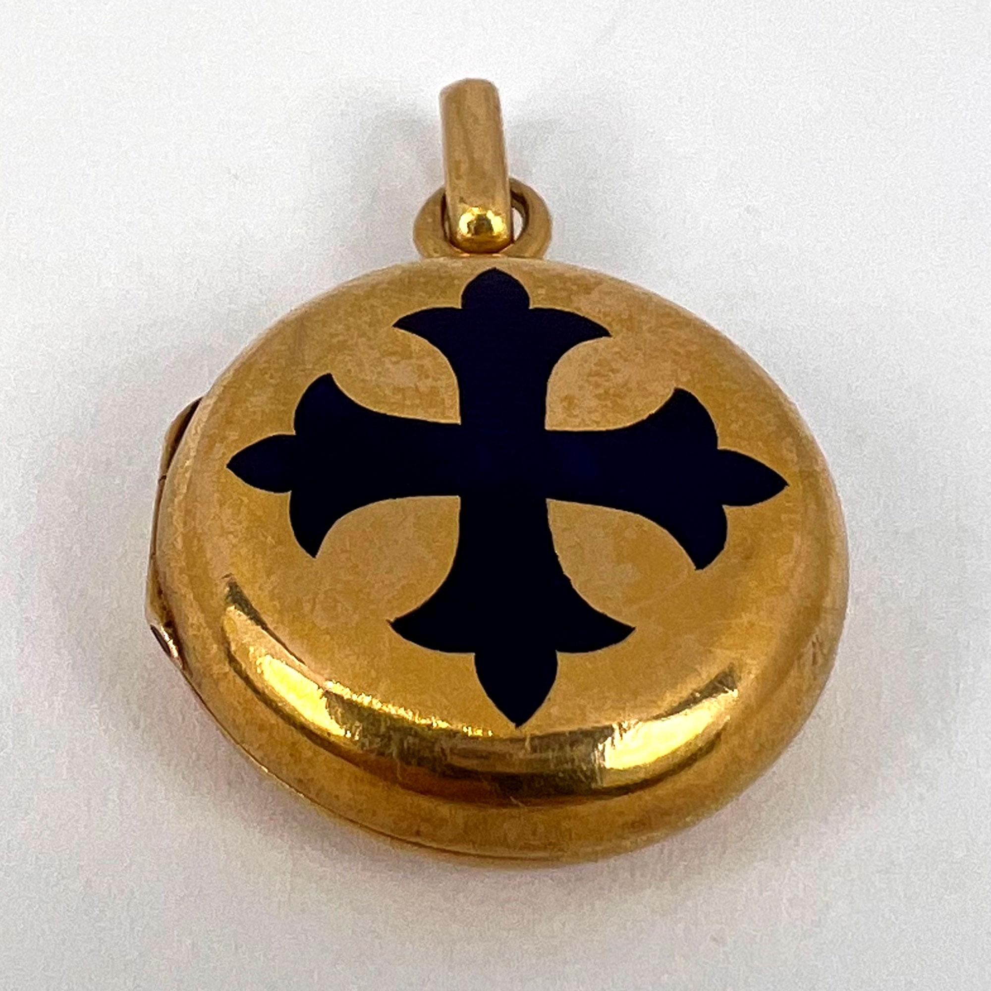 True Cross Reliquary 18k Yellow Gold Enamel Locket Pendant For Sale 12