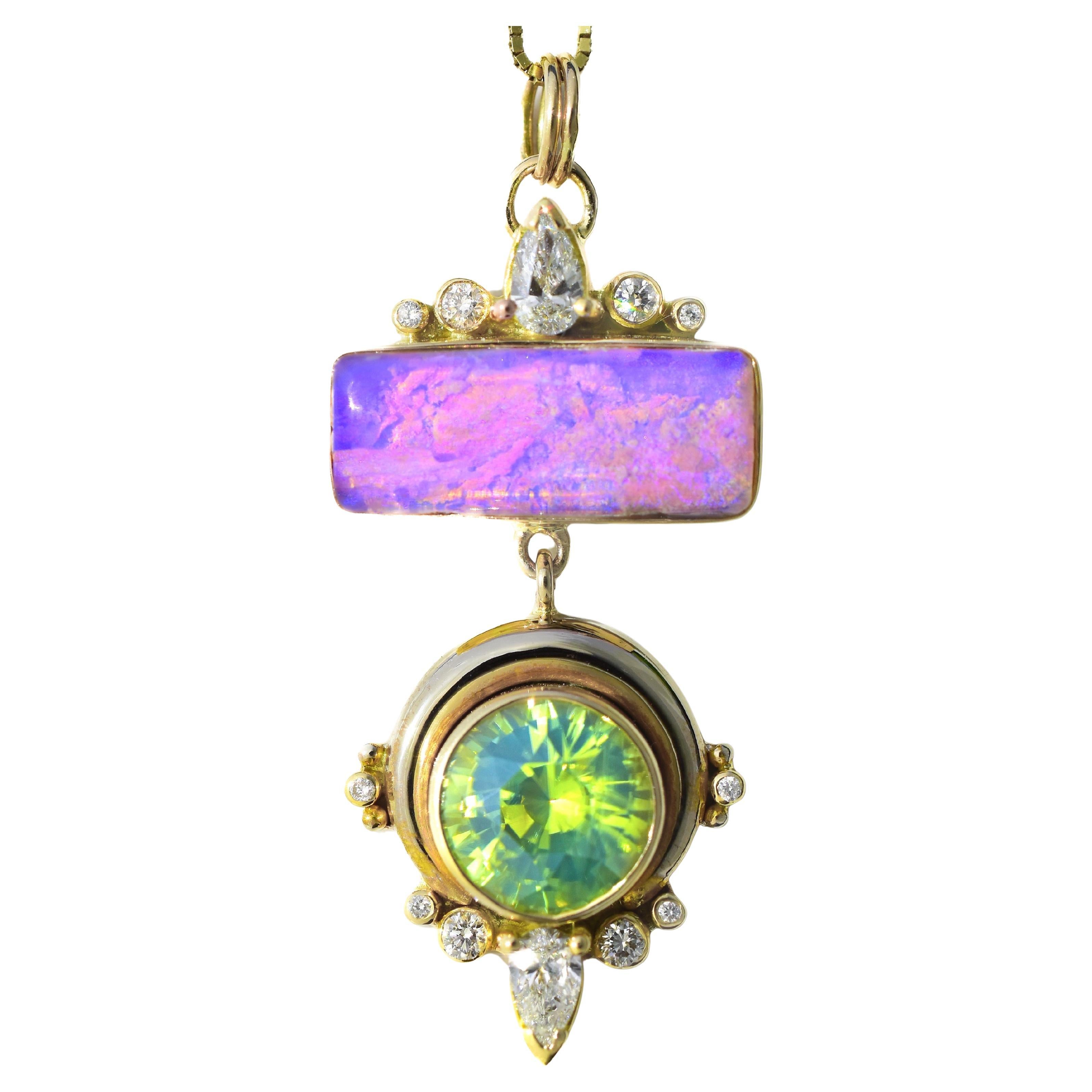 True North Pendant with Australian Opal, Sri Lankan Opalescent Zircon & Diamonds