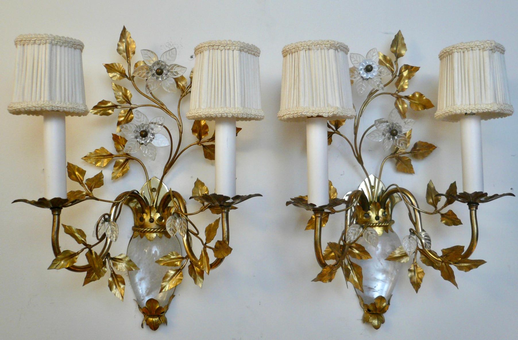 True Pair French Midcentury Rock Crystal Sconces, Attributed to Maison Bagues For Sale 7