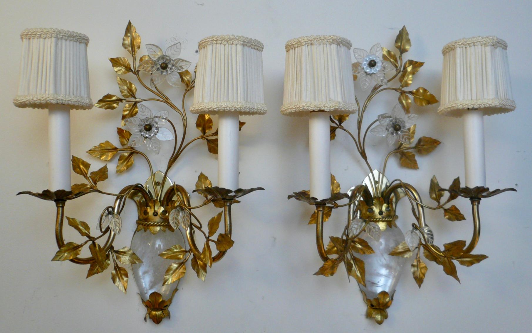 True Pair French Midcentury Rock Crystal Sconces, Attributed to Maison Bagues For Sale 8