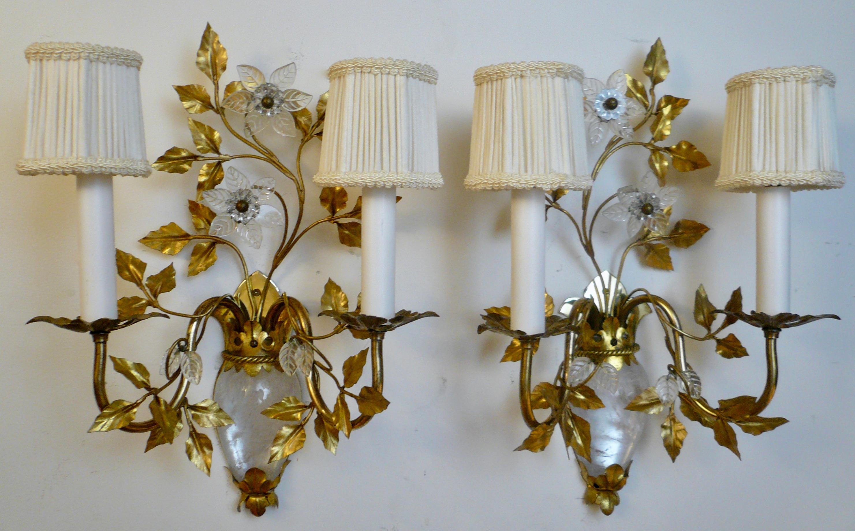 True Pair French Midcentury Rock Crystal Sconces, Attributed to Maison Bagues For Sale 10