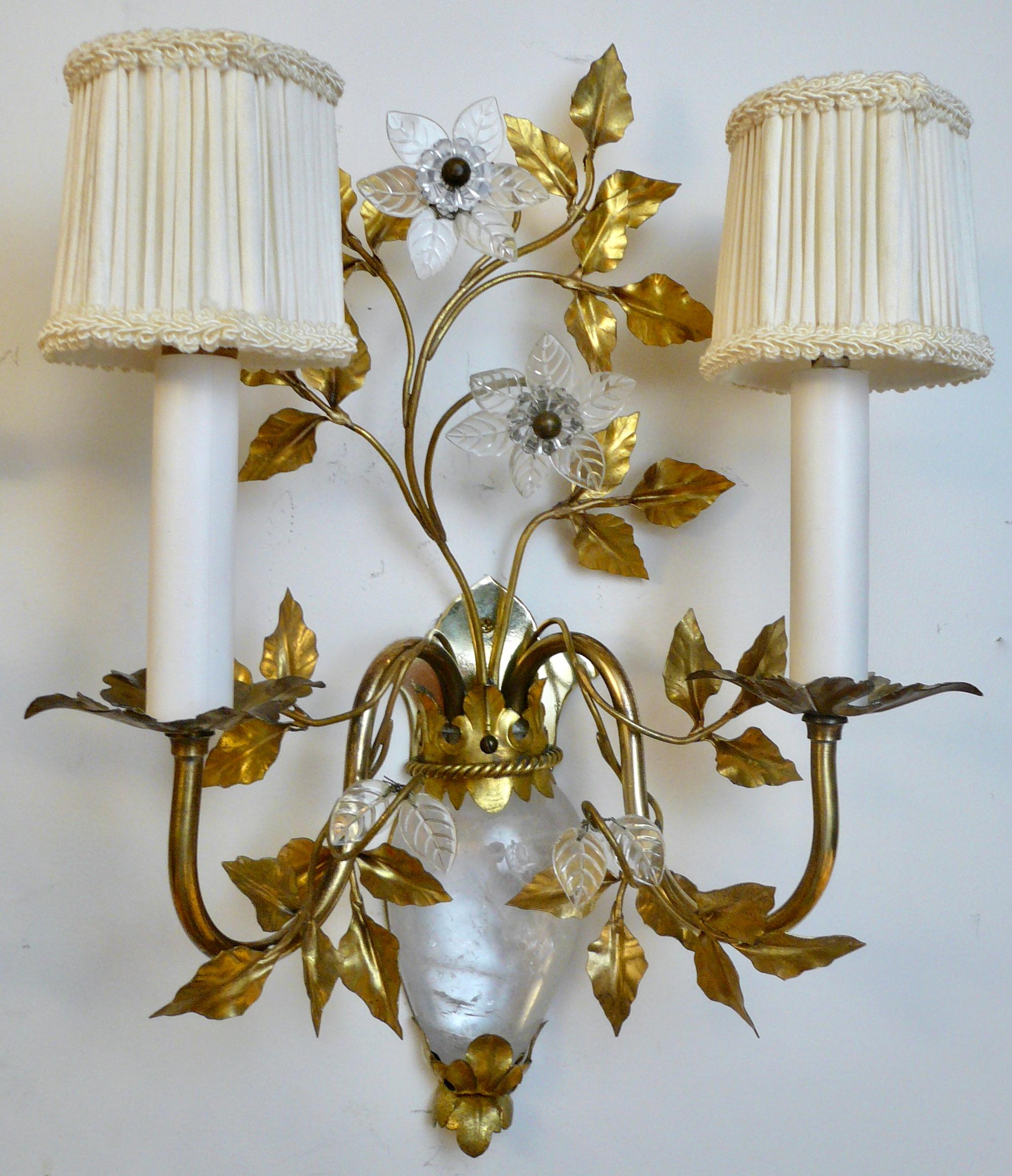 True Pair French Midcentury Rock Crystal Sconces, Attributed to Maison Bagues For Sale 11