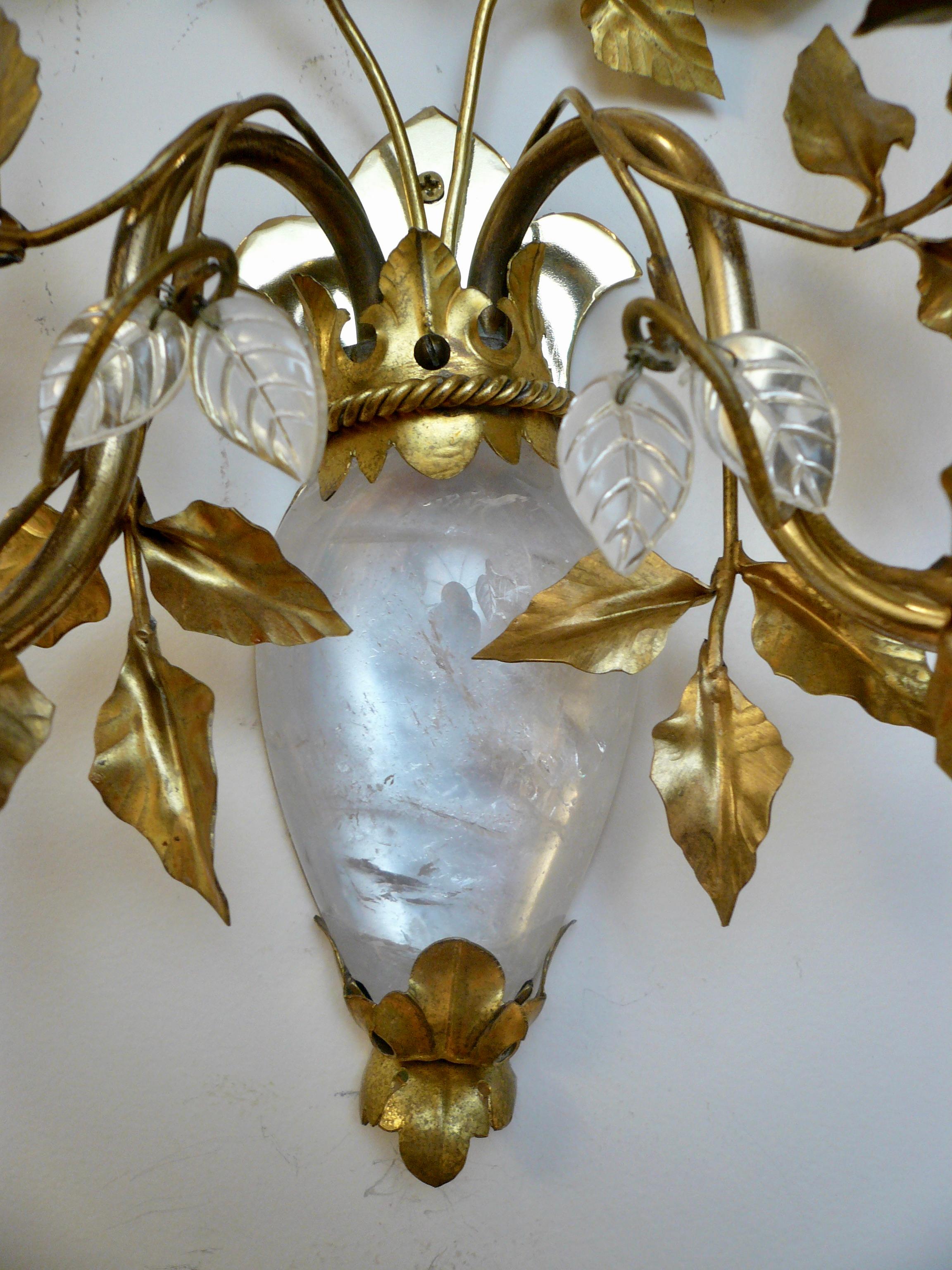 Mid-Century Modern True Pair French Midcentury Rock Crystal Sconces, Attributed to Maison Bagues For Sale