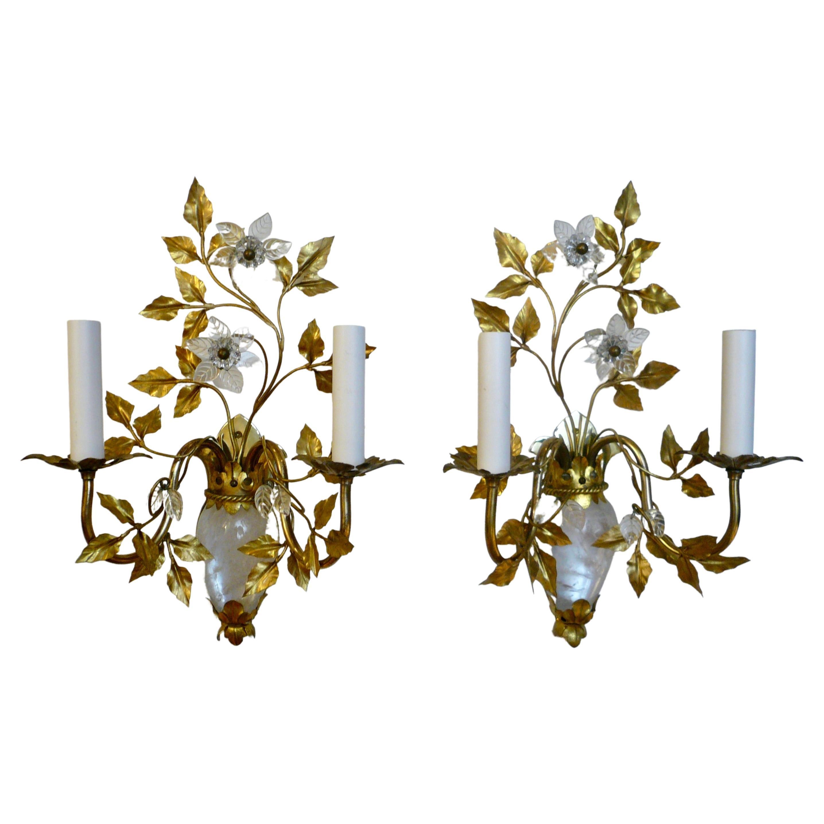True Pair French Midcentury Rock Crystal Sconces, Attributed to Maison Bagues For Sale