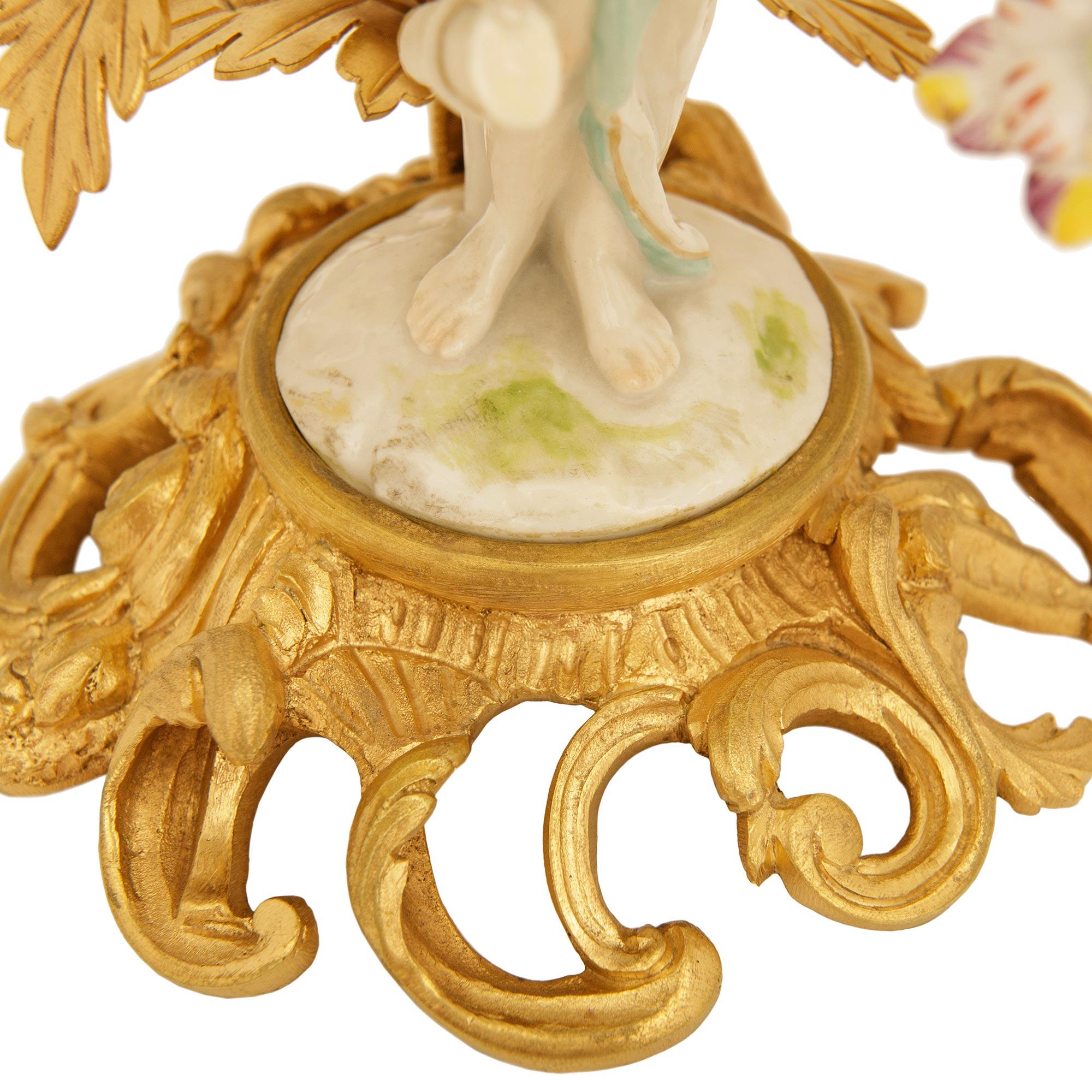 true pair of 19th century Louis XV st. Porcelain and Ormolu candlesticks For Sale 10