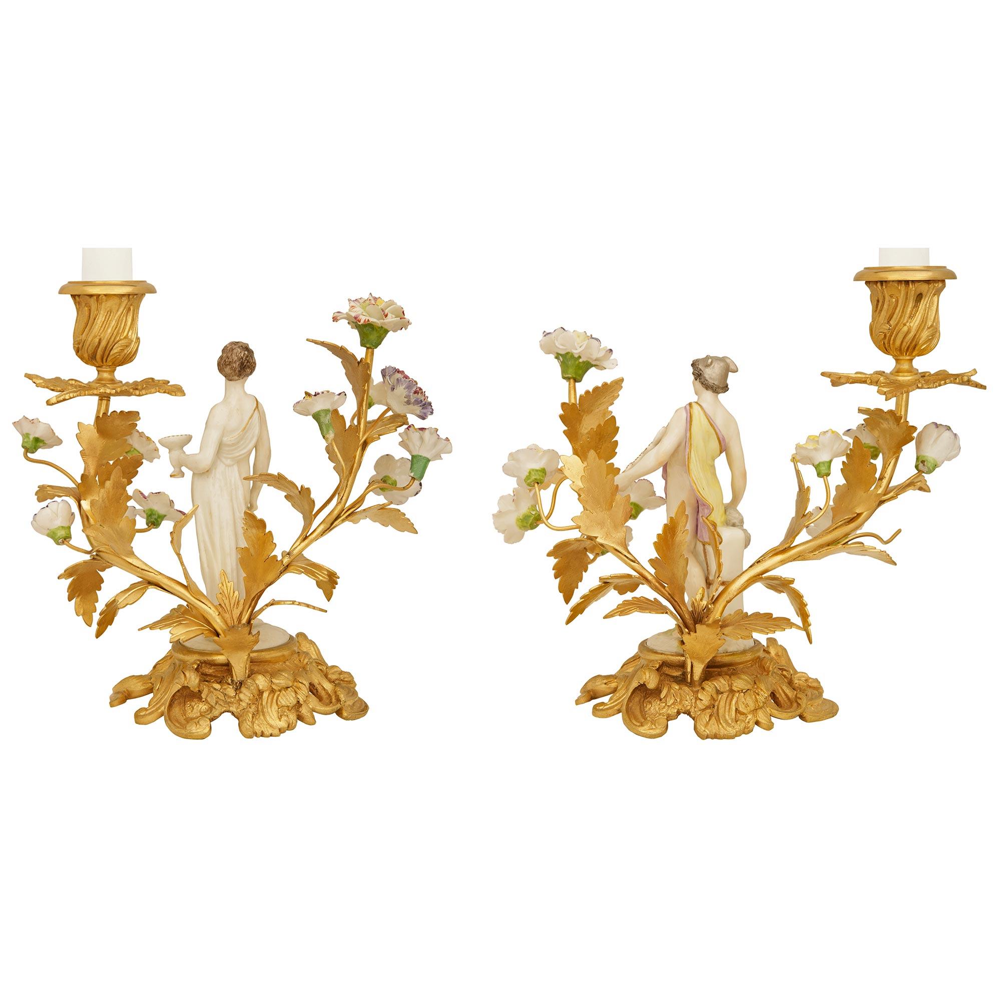 true pair of 19th century Louis XV st. Porcelain and Ormolu candlesticks For Sale 1