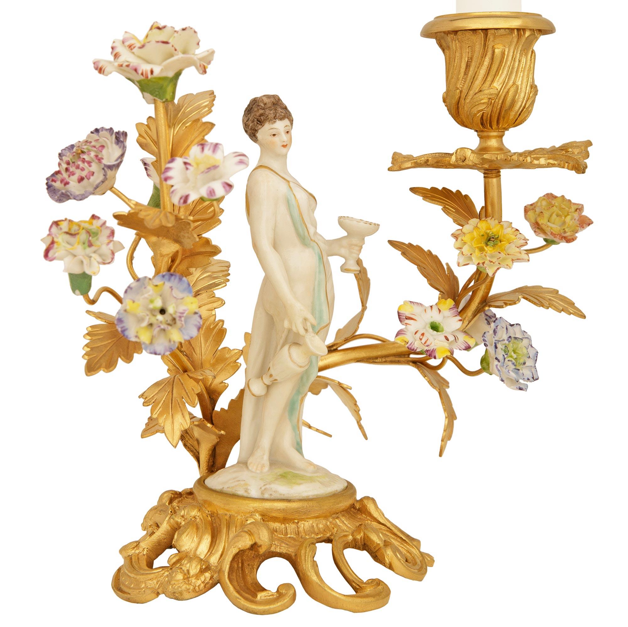 true pair of 19th century Louis XV st. Porcelain and Ormolu candlesticks For Sale 2