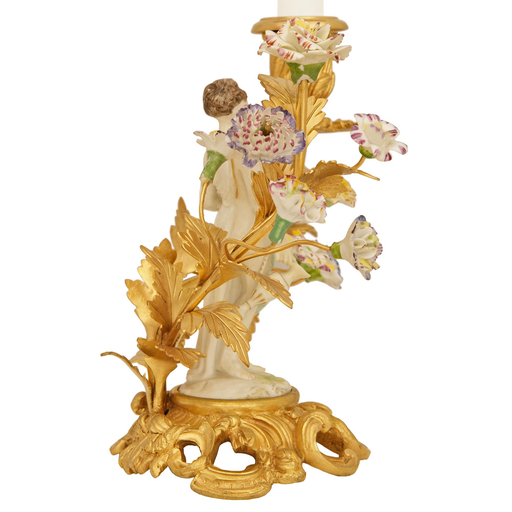 true pair of 19th century Louis XV st. Porcelain and Ormolu candlesticks For Sale 3