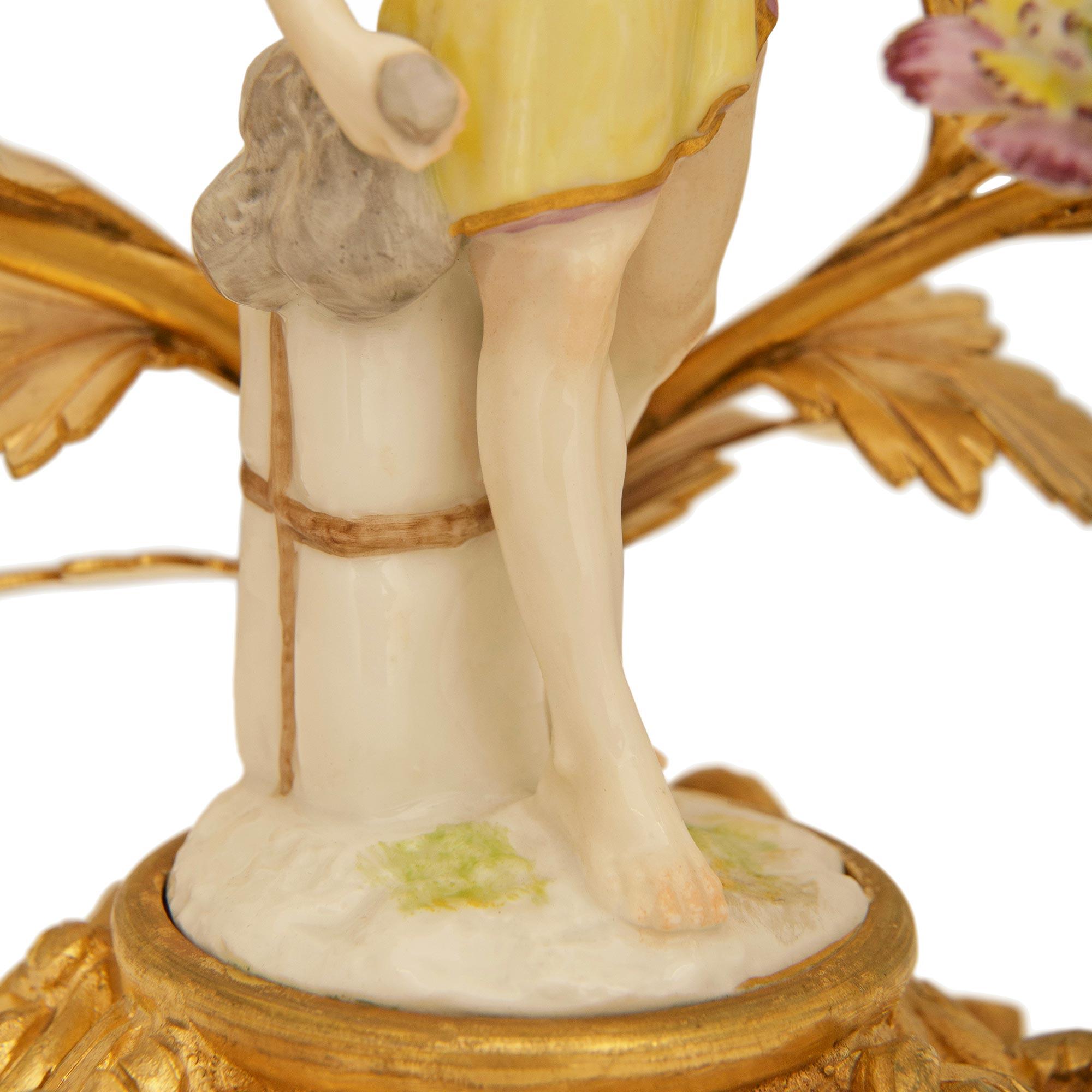 true pair of 19th century Louis XV st. Porcelain and Ormolu candlesticks For Sale 5